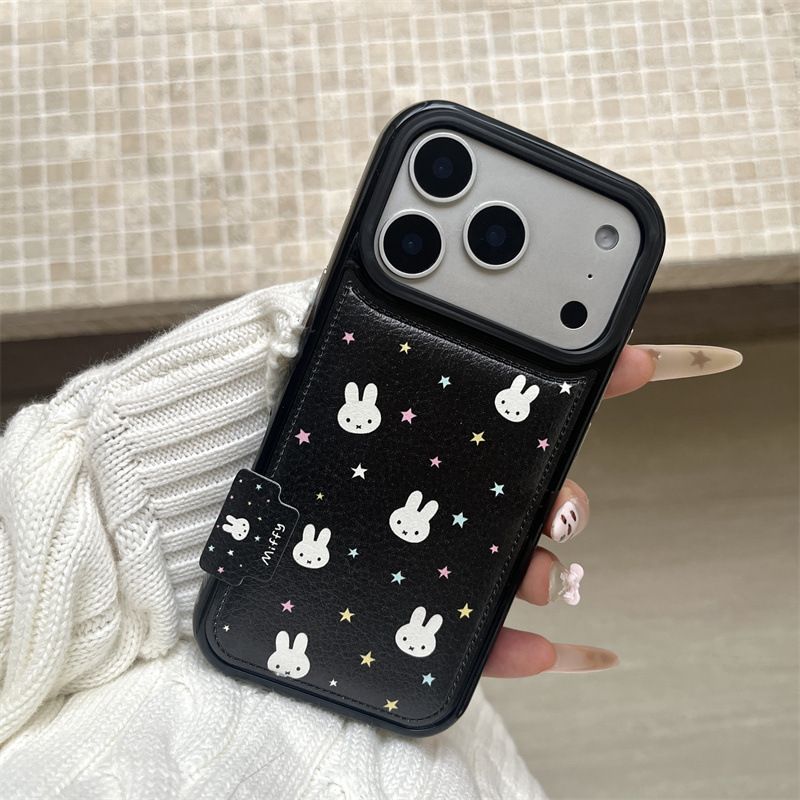 11 p.m.| 可愛 澎澎皮質米菲兔 黑色皮質 標籤米菲兔iPhone手機殼（14-17）