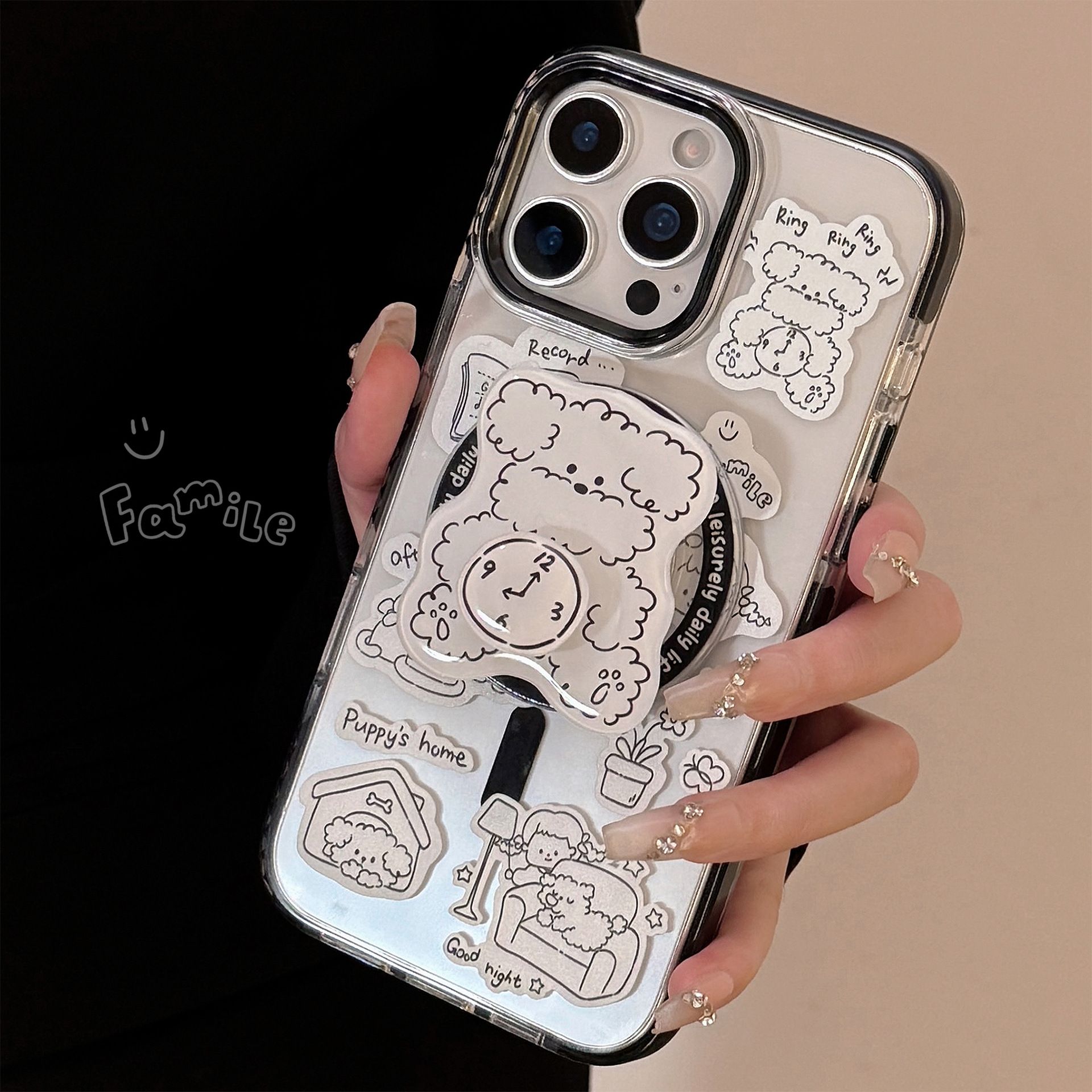 11 p.m.| ins可愛線條 時鐘小狗 貼紙插圖 旋轉磁吸支架iPhone手機殼（11-17）