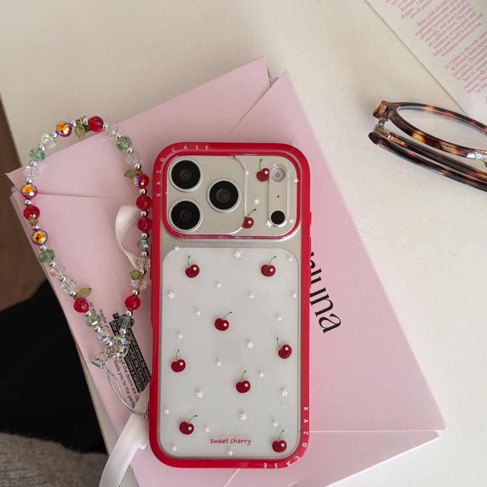 11 p.m.| 質感紅色邊框 滿版星星櫻桃 珠珠掛繩 iPhone手機殼（14-17）
