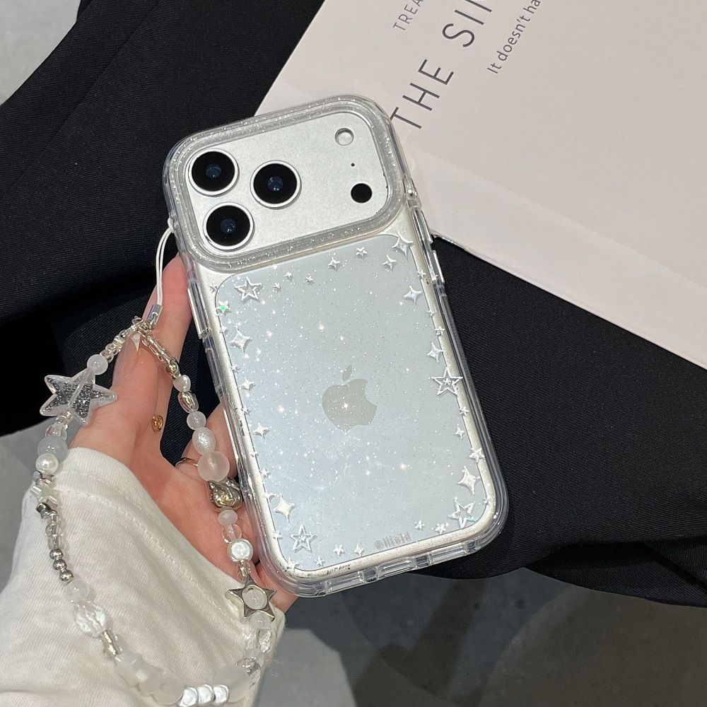 11 p.m.| 放照片必備~ins質感亮粉星星邊框 珠珠掛繩 加厚防摔 iPhone手機殼（14-17）