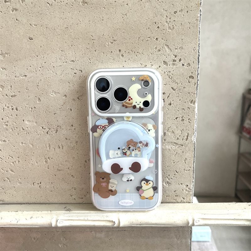 11 p.m.| 可愛企鵝狗狗小動物插圖 手套磁吸搖搖支架 磁吸防摔iPhone手機殼（14-17）