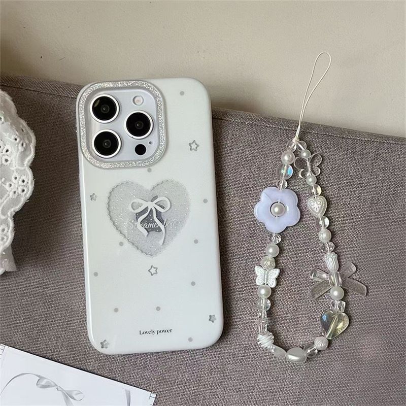 11 p.m.| 溫柔感亮粉鏤空愛心蝴蝶結 珠珠掛繩 iPhone手機殼（14-17）