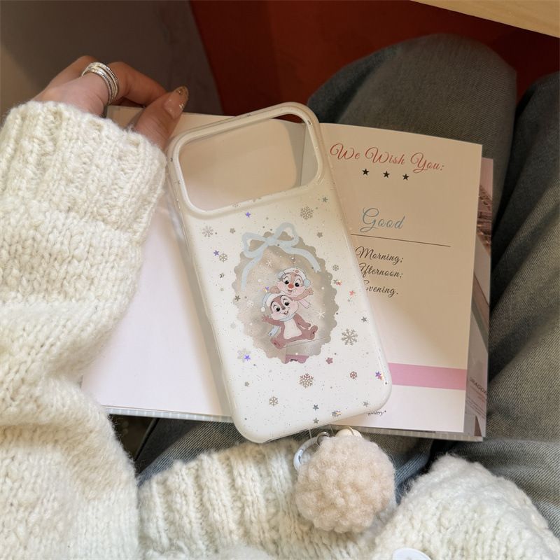 11 p.m.| 可愛鏤空 雪花花栗鼠插圖 雪花亮粉 毛球鈴鐺吊飾 iPhone手機殼（14-17）