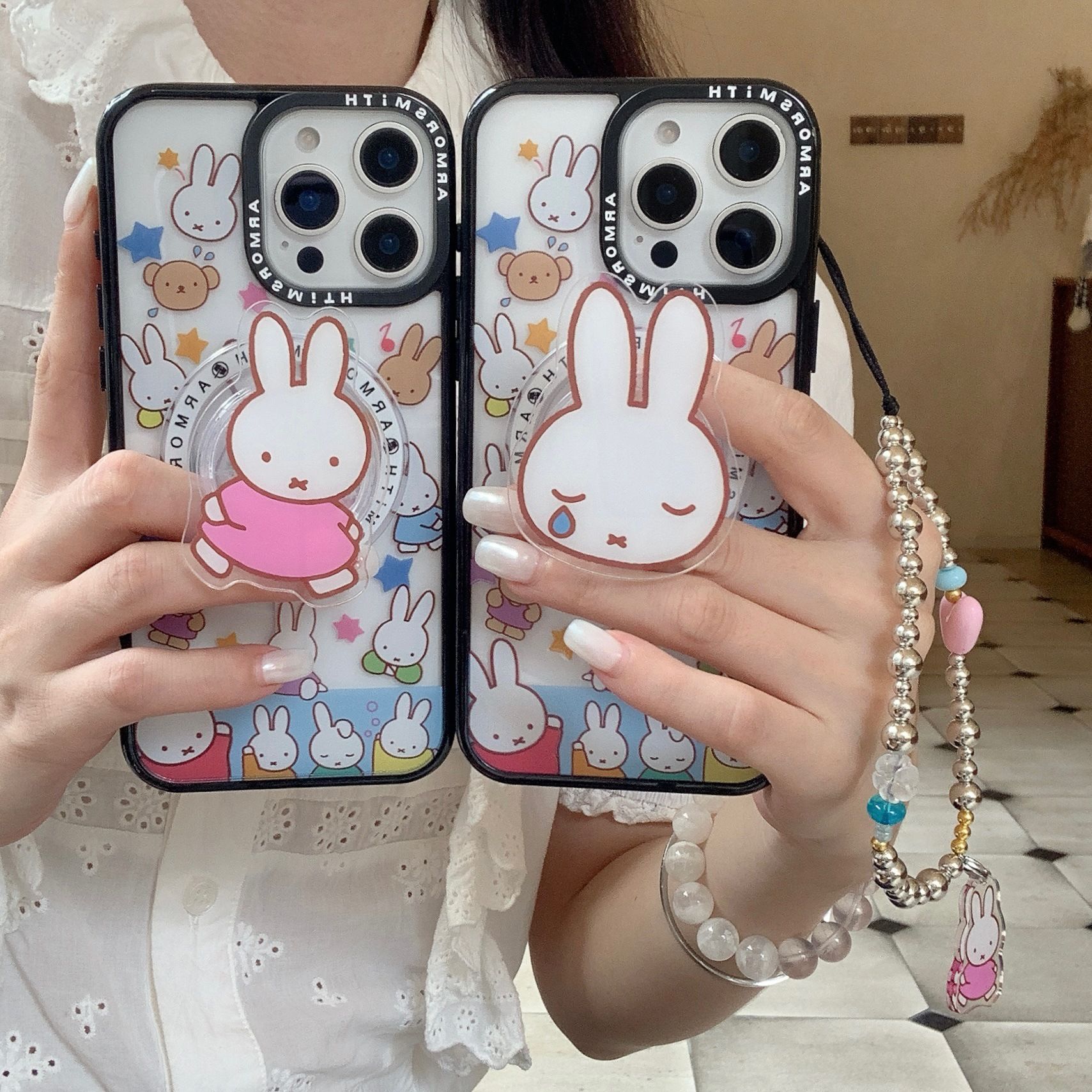 11 p.m.| 可愛彩色繽紛米菲兔 黑邊防摔磁吸支架珠珠掛繩iPhone手機殼（11-17，有plus/16e/air