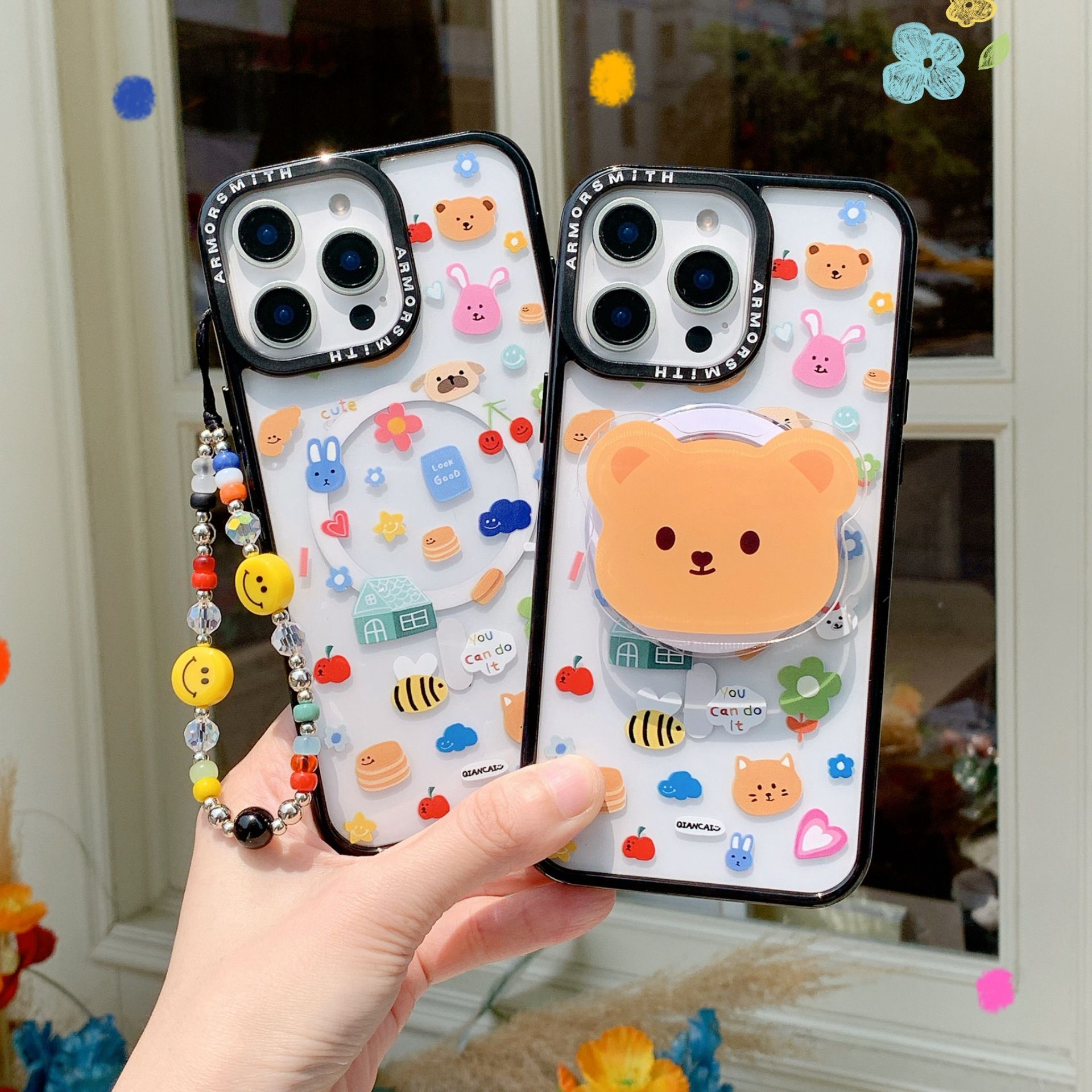 11 p.m.| 可愛塗鴉小熊插圖 磁吸支架 黑邊防摔 珠珠掛繩（11-17，有plus/16e/air）