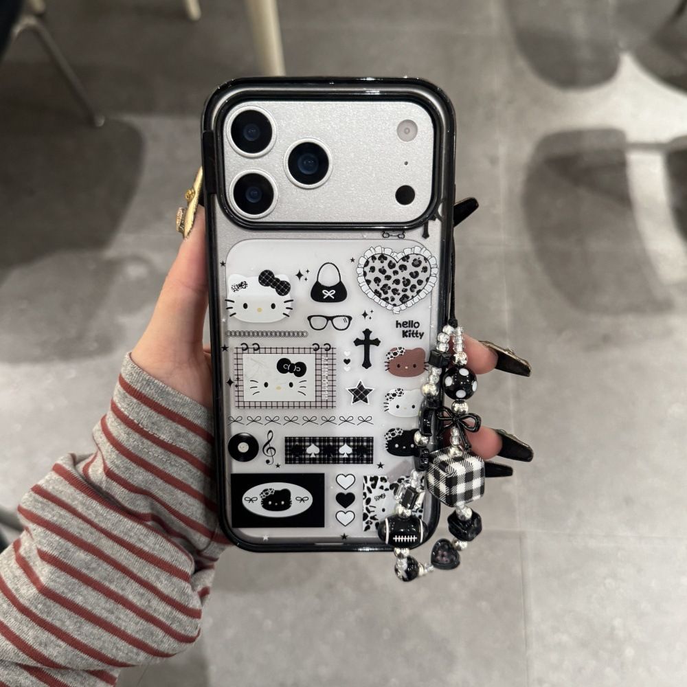 11 p.m.| 個性黑白凱蒂貓 暗黑kt插圖 珠珠掛繩 iPhone手機殼（14-17）