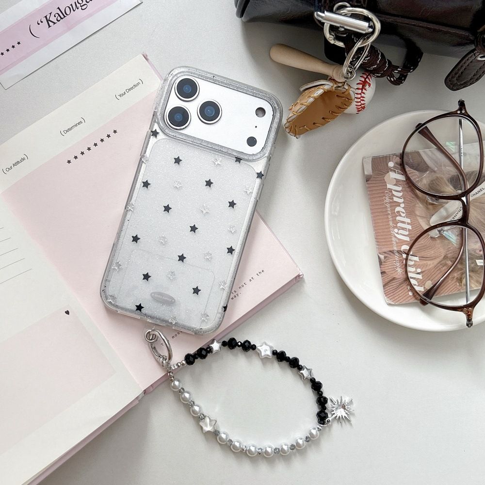 11 p.m.| 質感黑銀星星 鎏金亮粉 珠珠掛繩 iPhone手機殼（14-17）