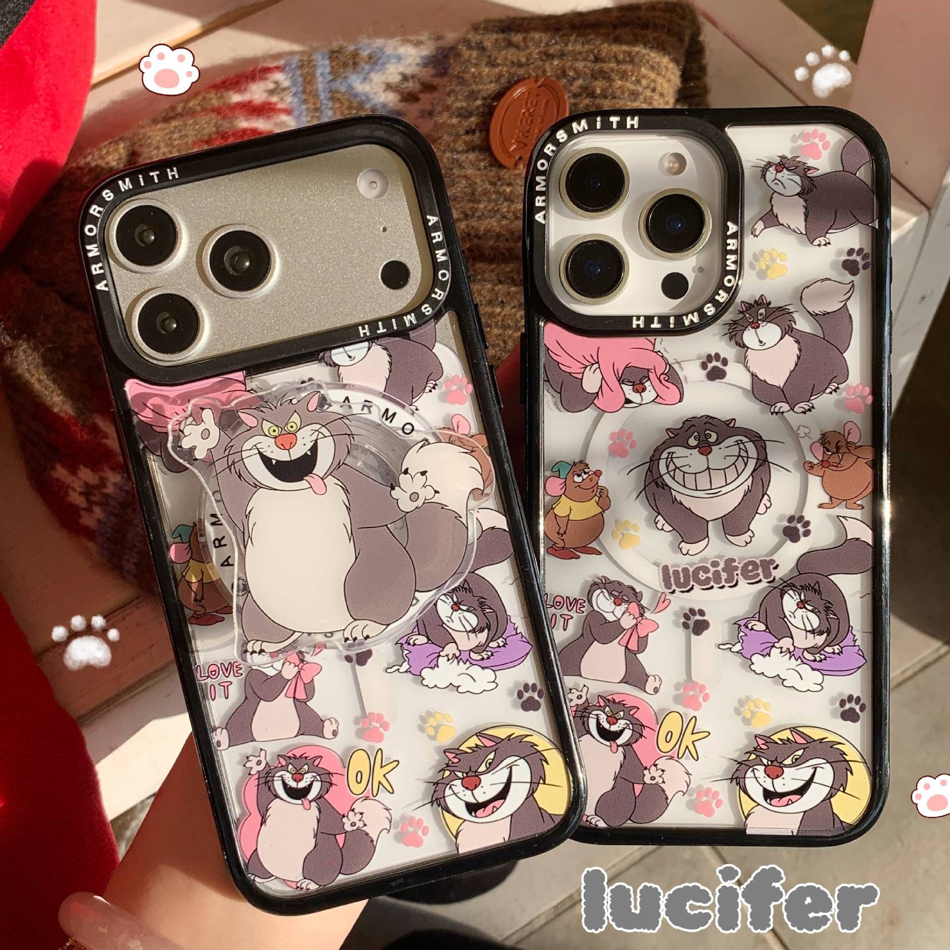 11 p.m.| 灰色貓咪路西法磁吸支架黑邊防摔iPhone手機殼（11-17，plus/16e/air）