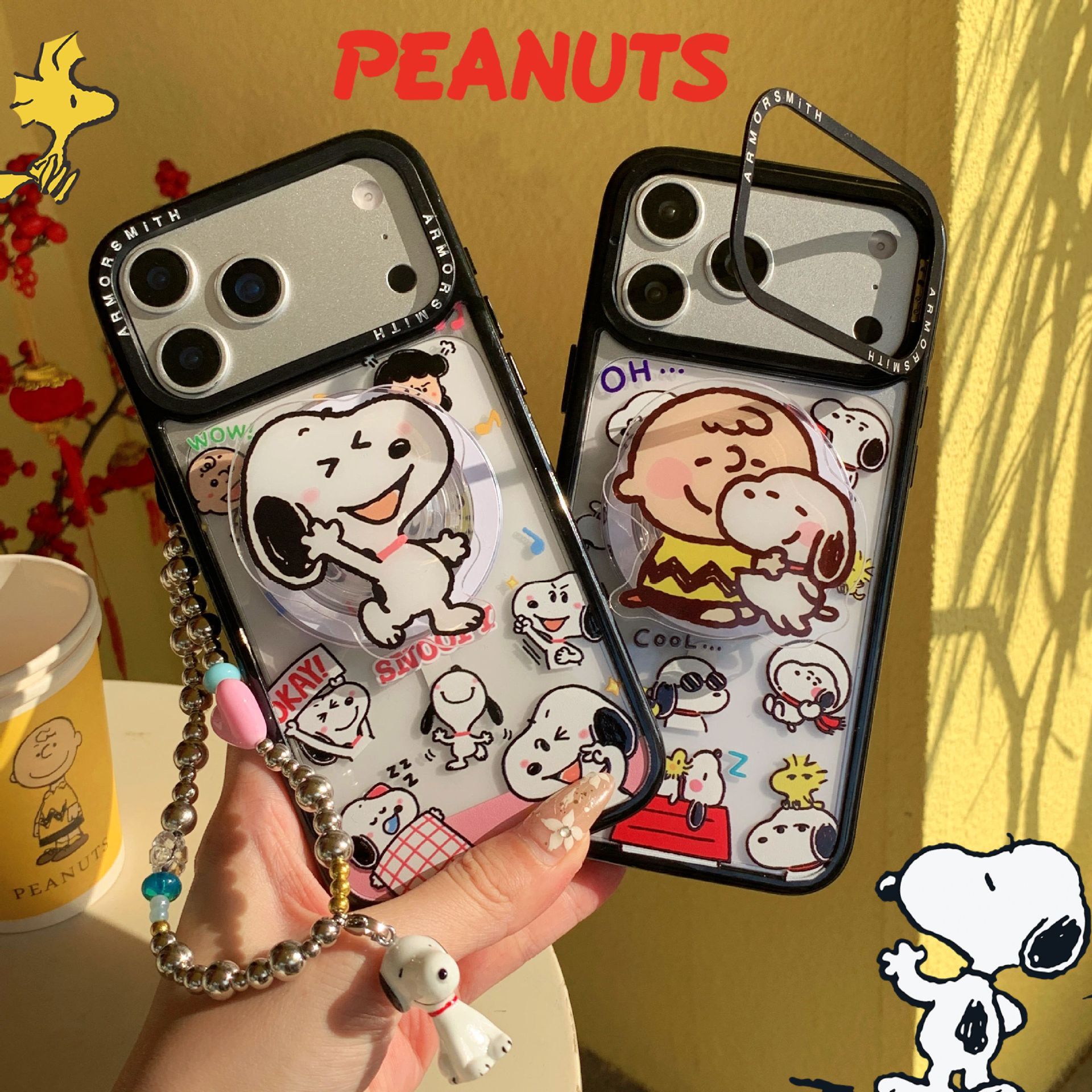 11 p.m.| 可愛史努比插圖 磁吸支架鏡頭支架黑邊防摔iPhone手機殼（11-17有plus/16e/air）