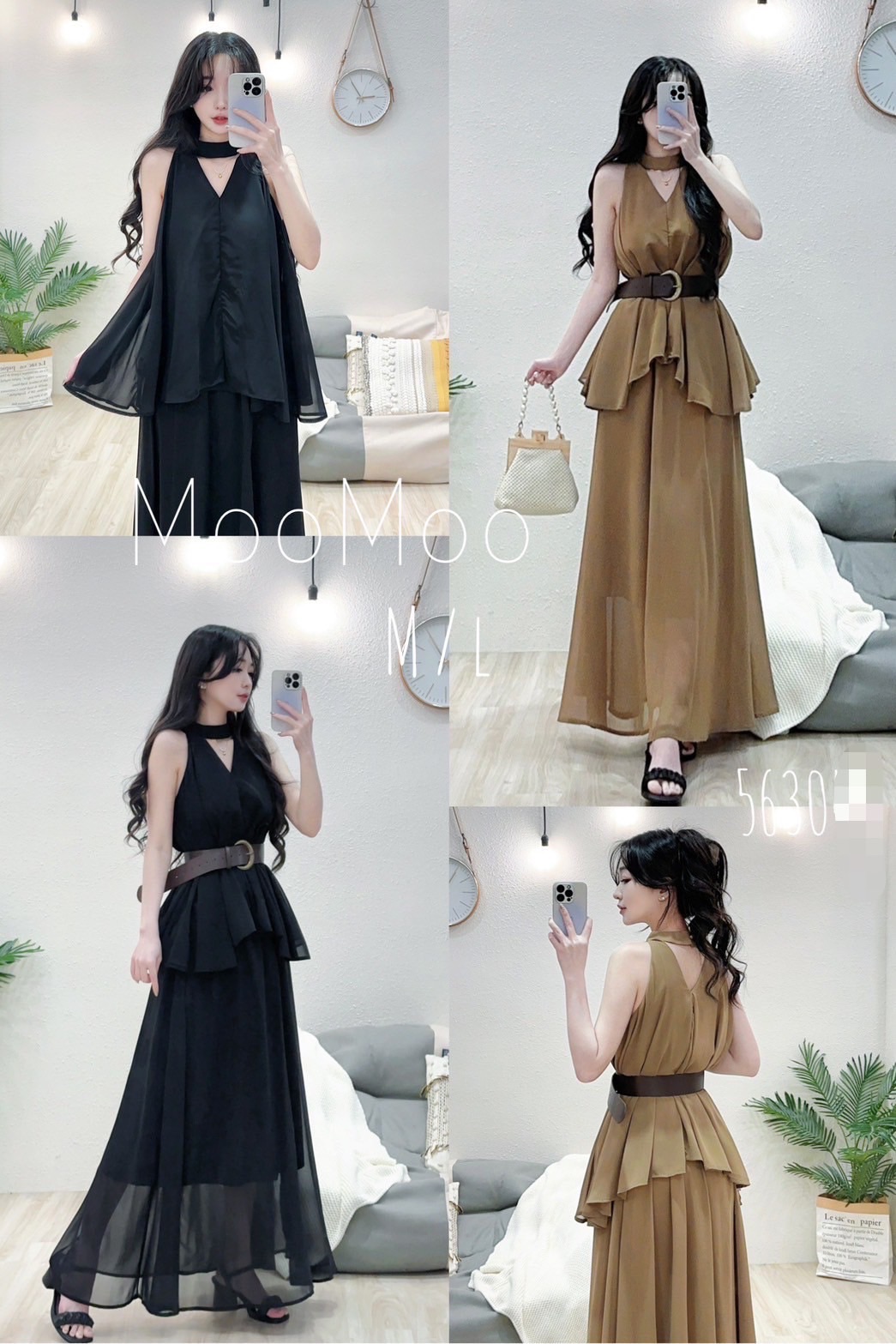質感簍空V領腰封雪紡長裙套裝