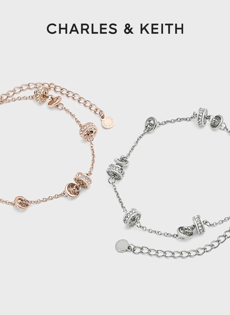 CHARLES ＆ KEITH 小CK 無邊星穹系列 可調節手鍊 不鏽鋼 水晶 銀色 玫瑰金色
