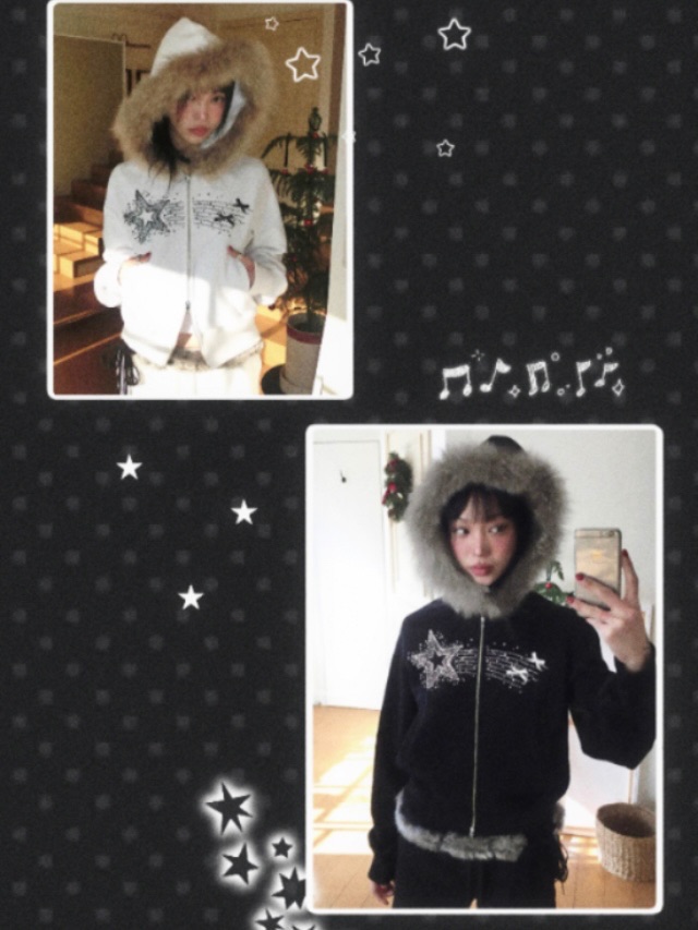 千禧辣妹星星燙鑽毛領外套