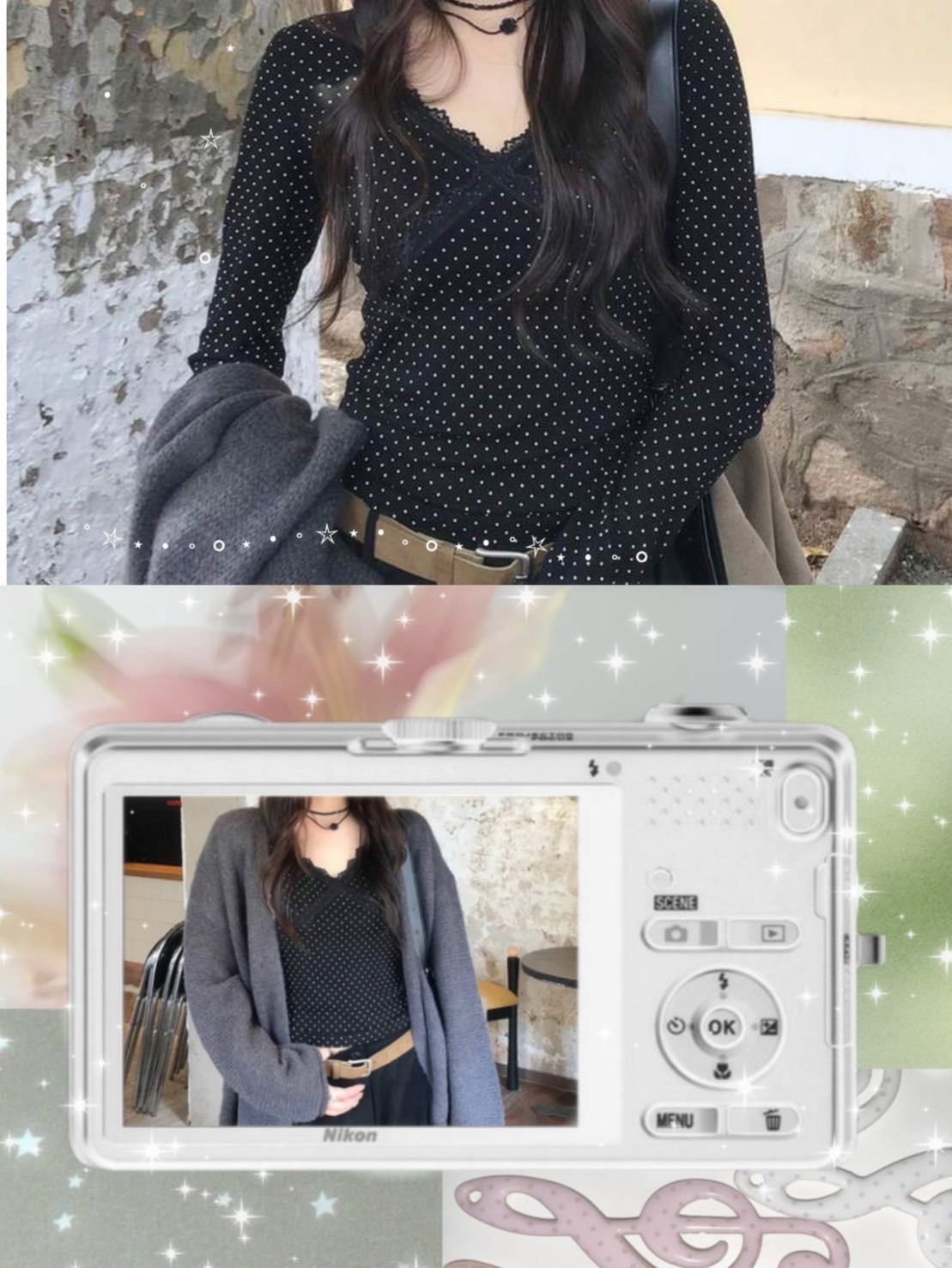 韓系波點長袖上衣