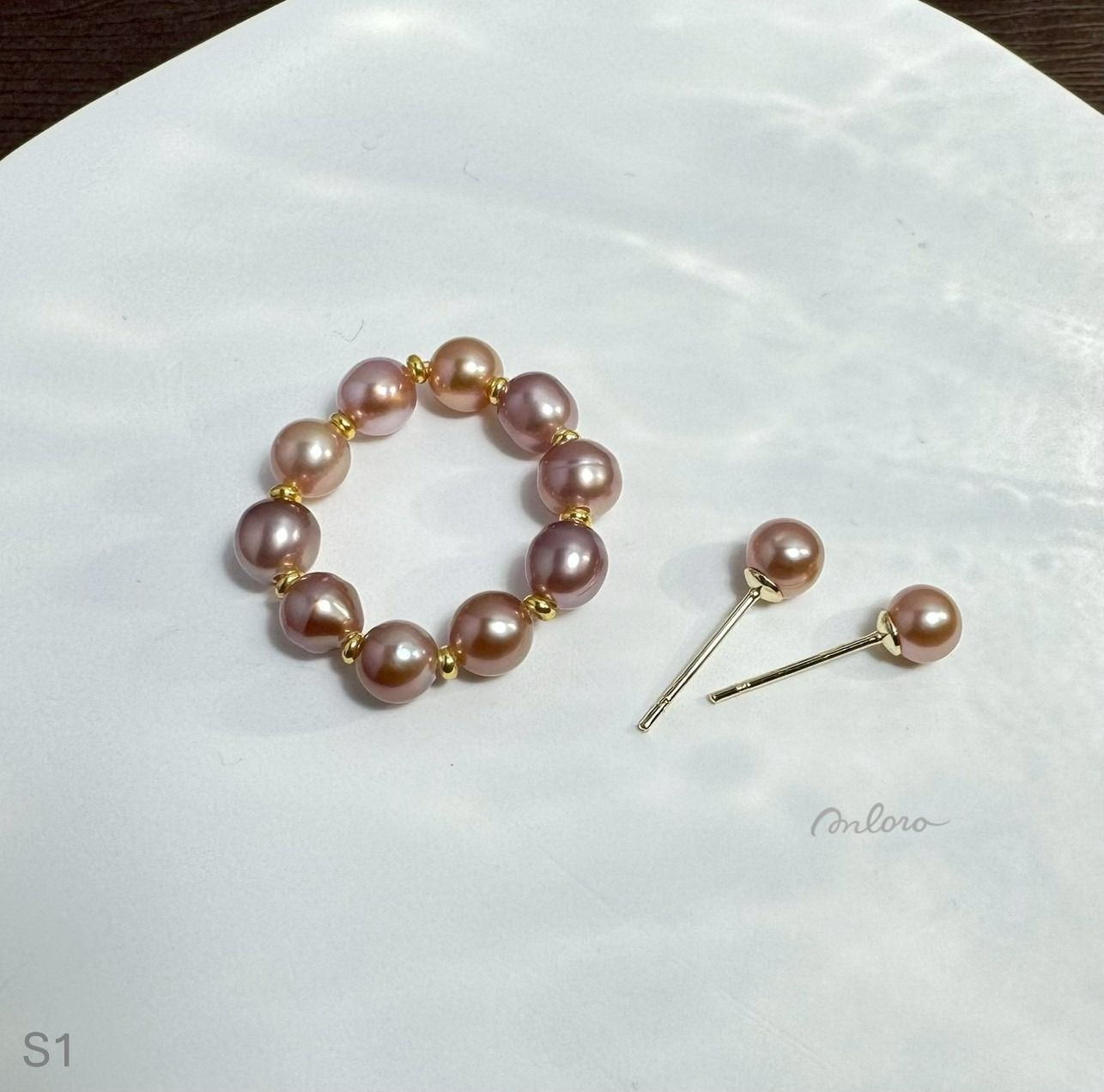 Rosy Mist 紫粉珍珠戒指， 耳針