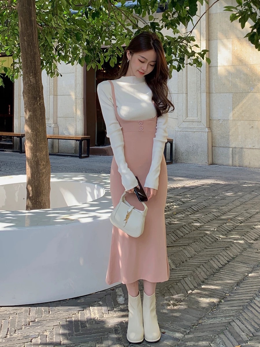 全新 針織 吊帶 連身裙 收腰 中長款魚尾裙 粉色