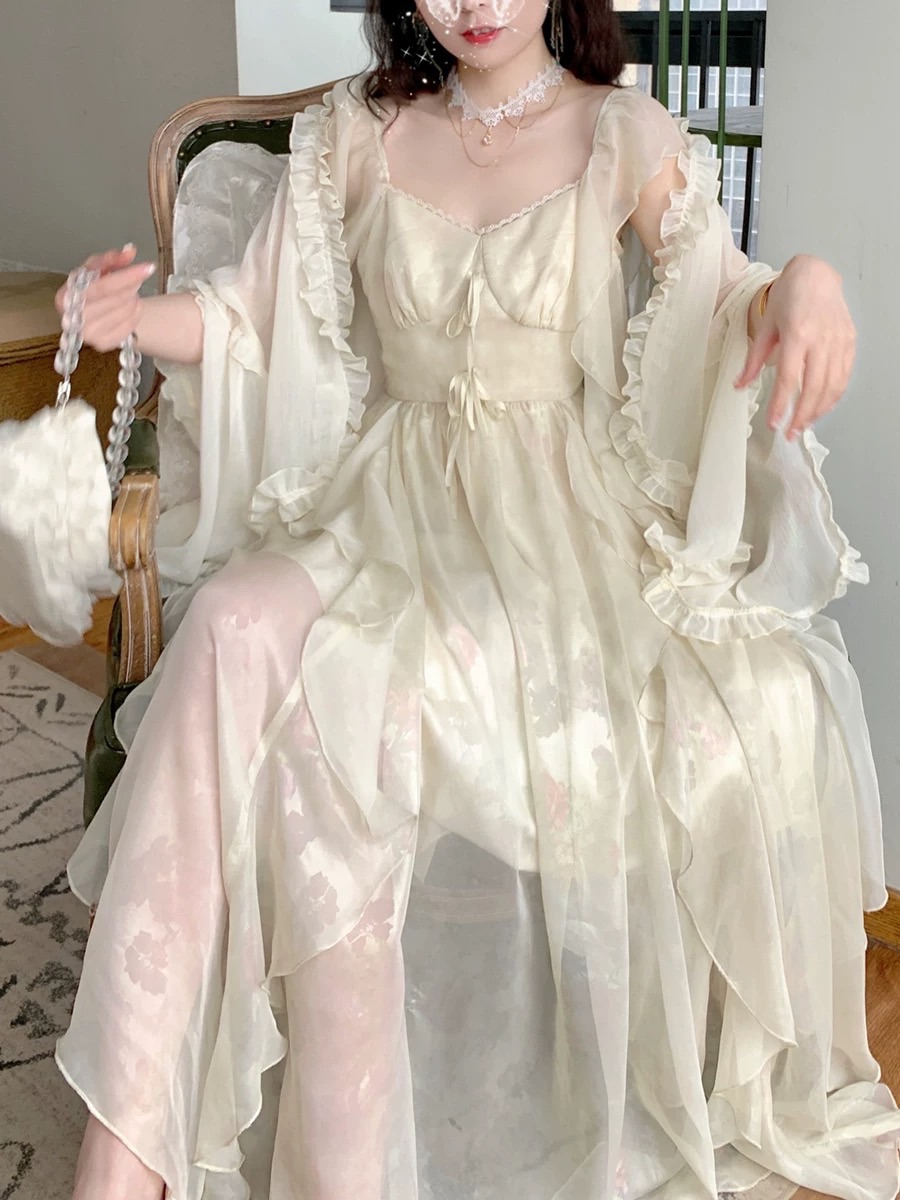 Blovelan 氣質長裙 天絲雪紡 荷葉邊 溫柔吊帶裙