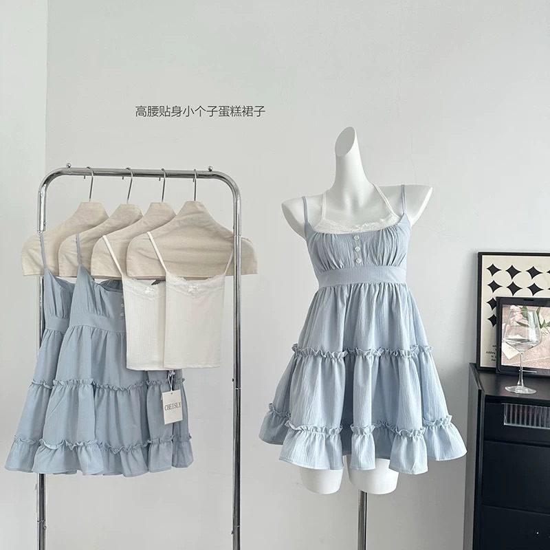 朵來美 春日氧氣感 藍色吊帶連衣裙蛋糕裙子