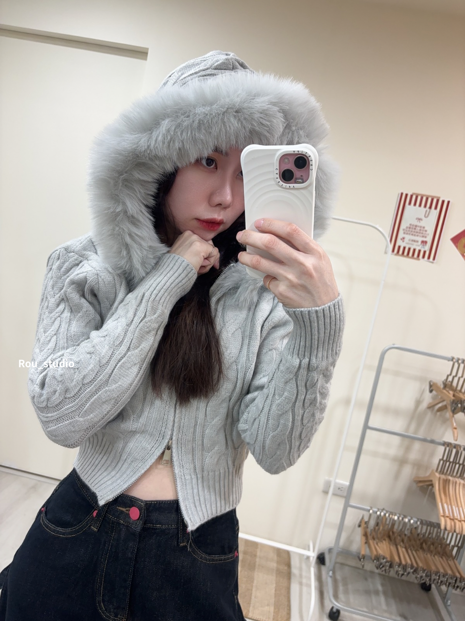 麻花紋毛毛連帽上衣
