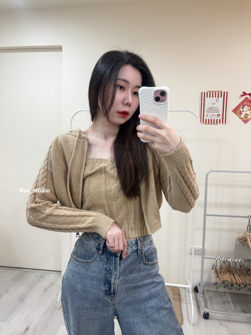 麻花連帽外套+背心上衣