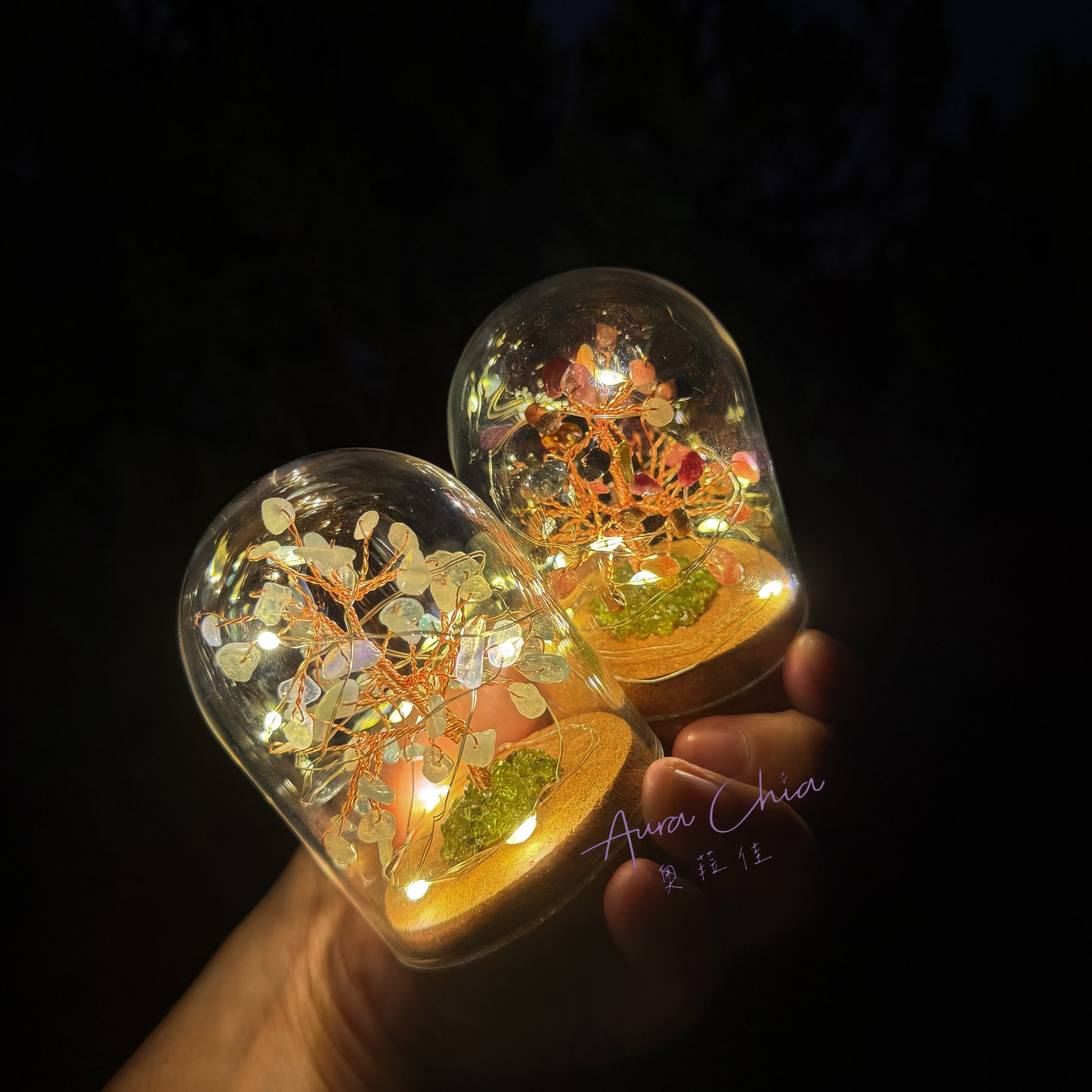 奧菈佳AuraChia｜純手工製作水晶樹燈｜聖誕交換禮物｜水晶小夜燈 禮盒包裝｜天然水晶｜客製緞帶｜