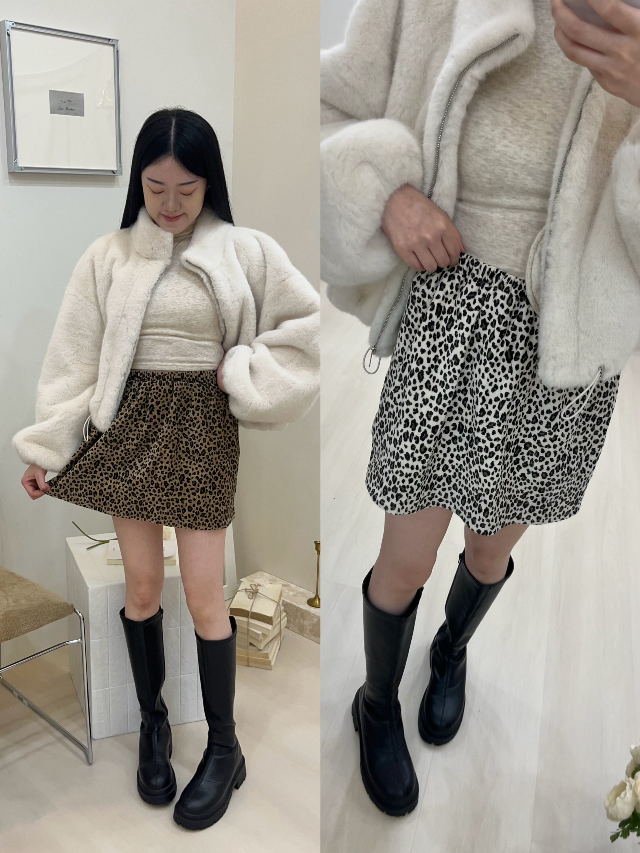 絨布立體豹紋短裙 白🤍咖🤎