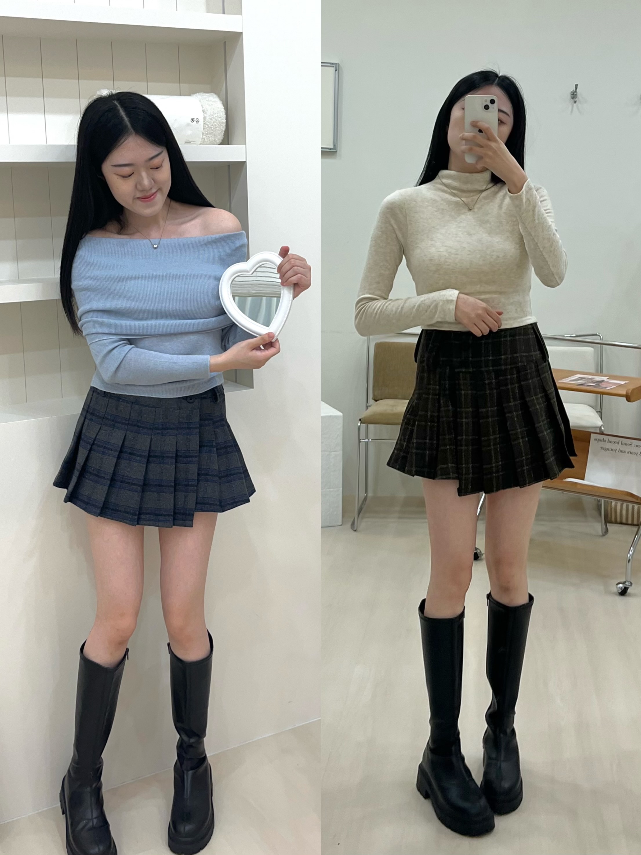 正韓·格紋毛呢百褶裙 灰藍/咖