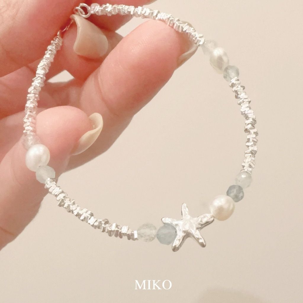 MIKO 925純銀 海星珍珠手鍊｜海藍寶碎銀子設計款 冬季銀光 氣質抗敏手鍊B0011
