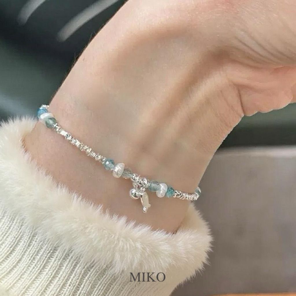 MIKO 925純銀 藍托帕珍珠手鍊 女款 聖誕禮物 交換禮物 冬日柔光碎銀手鍊 小魚設計手環 氣質溫柔輕奢B0047