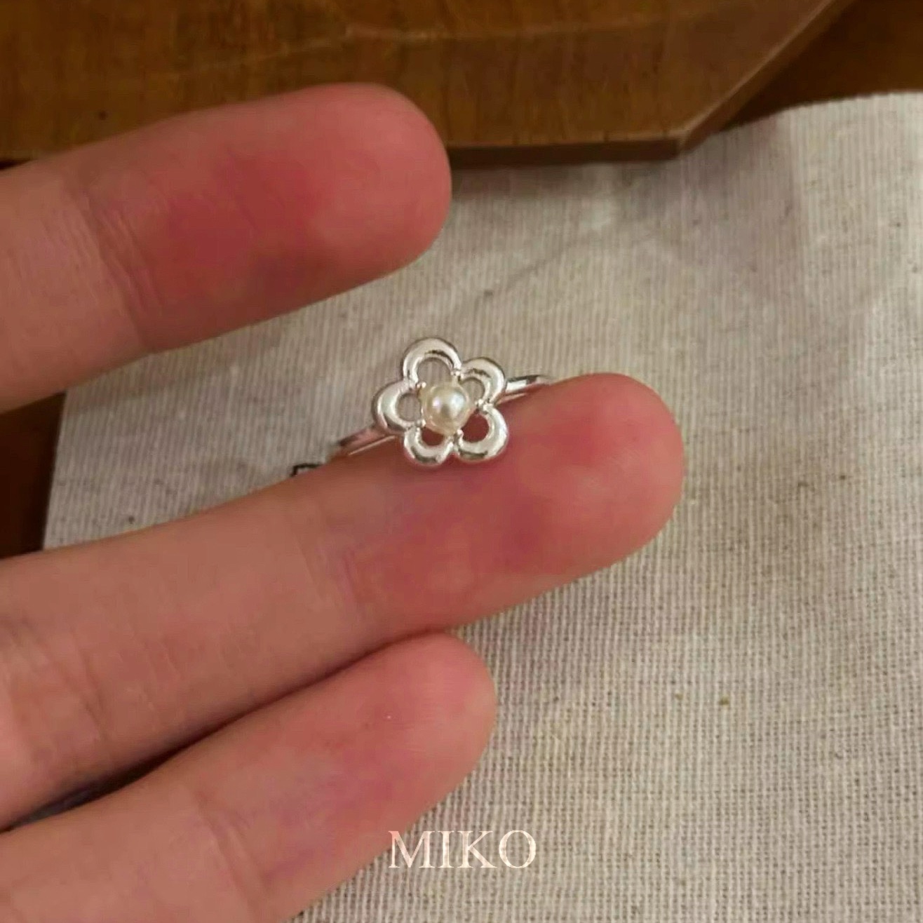 MIKO S925純銀 小花珍珠戒指 韓系清新 開口戒 女款 可調節 尾戒 氣質戒指 小眾設計