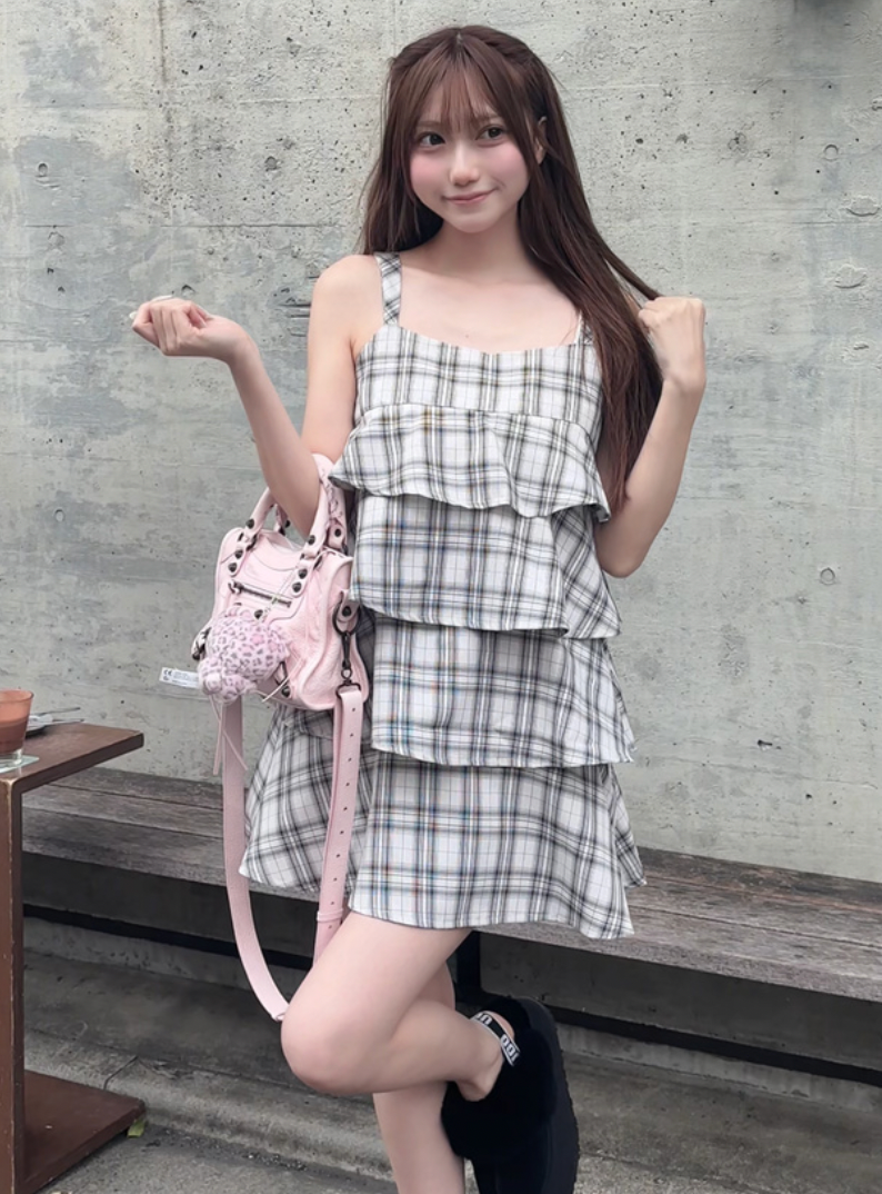 🎀 雲朵灰白格紋蛋糕裙 ☁️