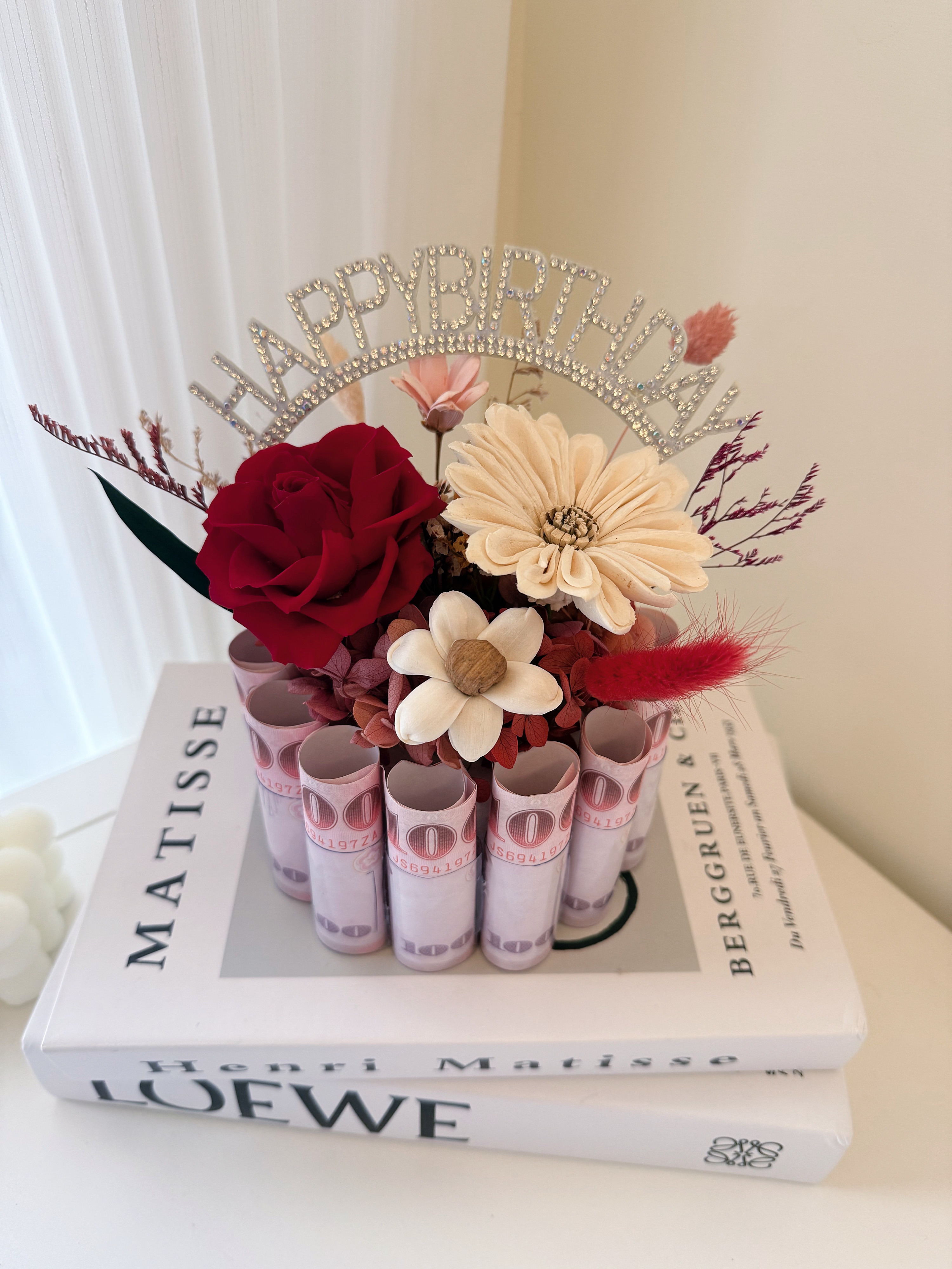 有錢蛋糕（可放15張鈔票）（附禮盒）蛋糕花/有錢花/真鈔花/永生玫瑰/不凋花/生日禮物/花禮/乾燥花/情人節禮物