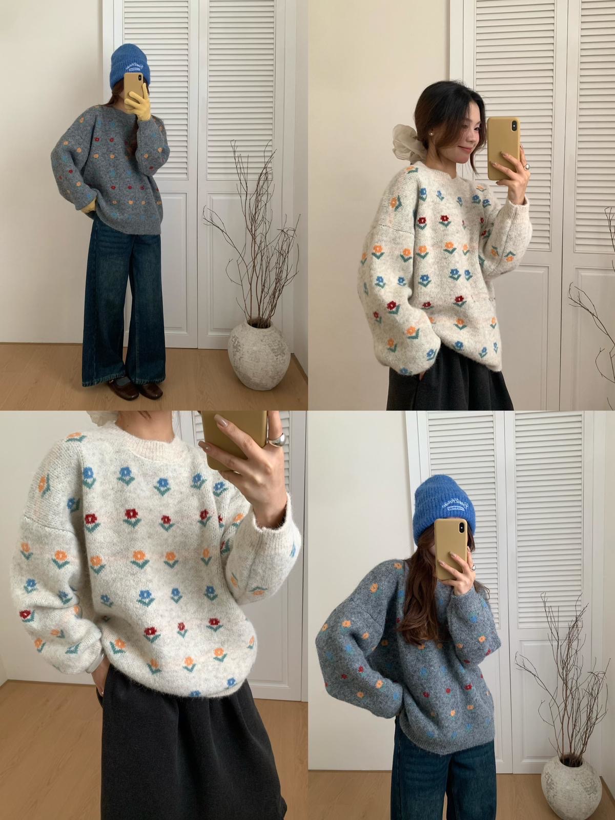 小清新撞色花朵提花套頭上衣女2025冬季新款百搭寬鬆顯瘦保暖毛衣