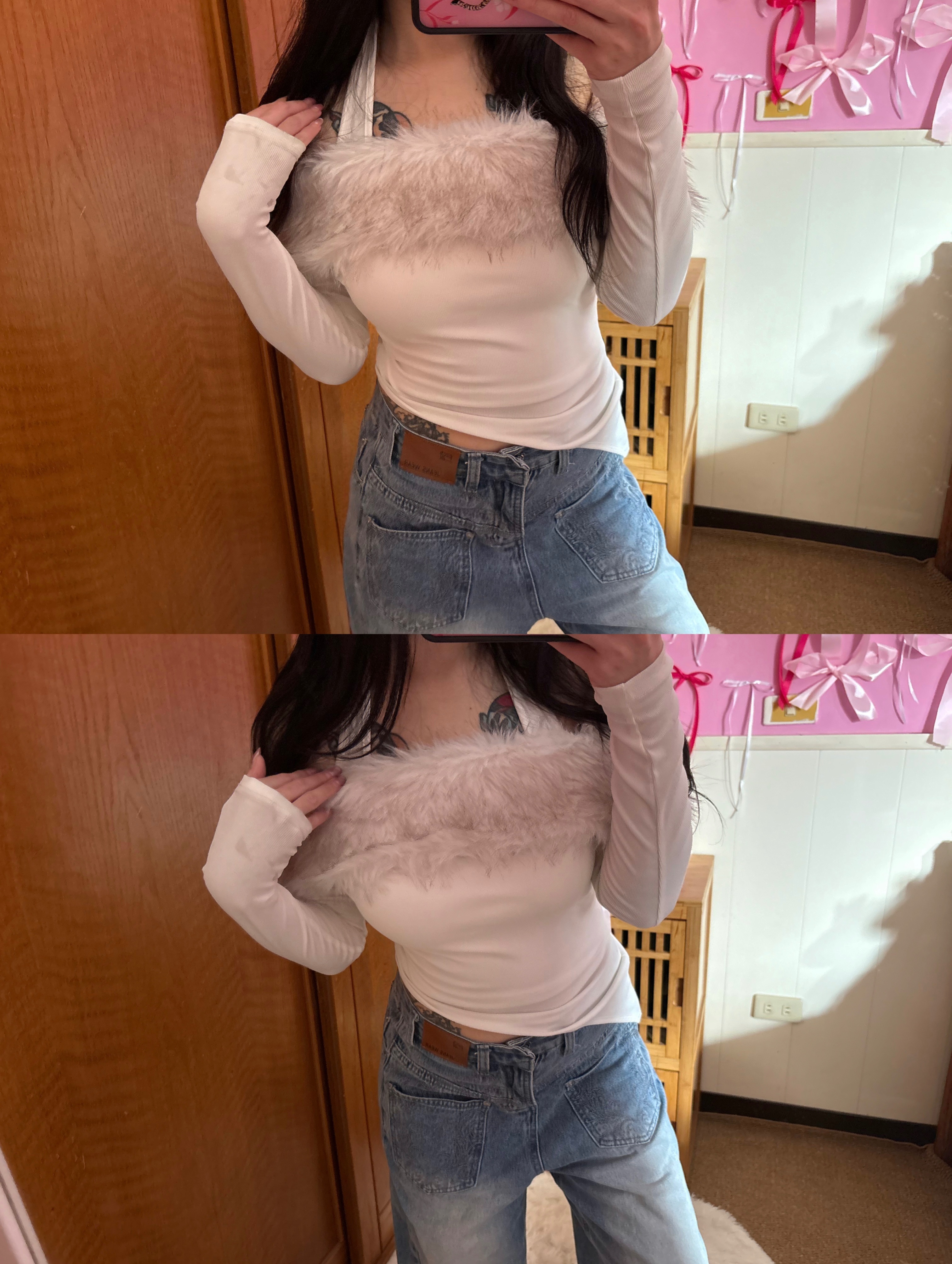 （預購）歐美辣妹毛毛不規則一字肩上衣