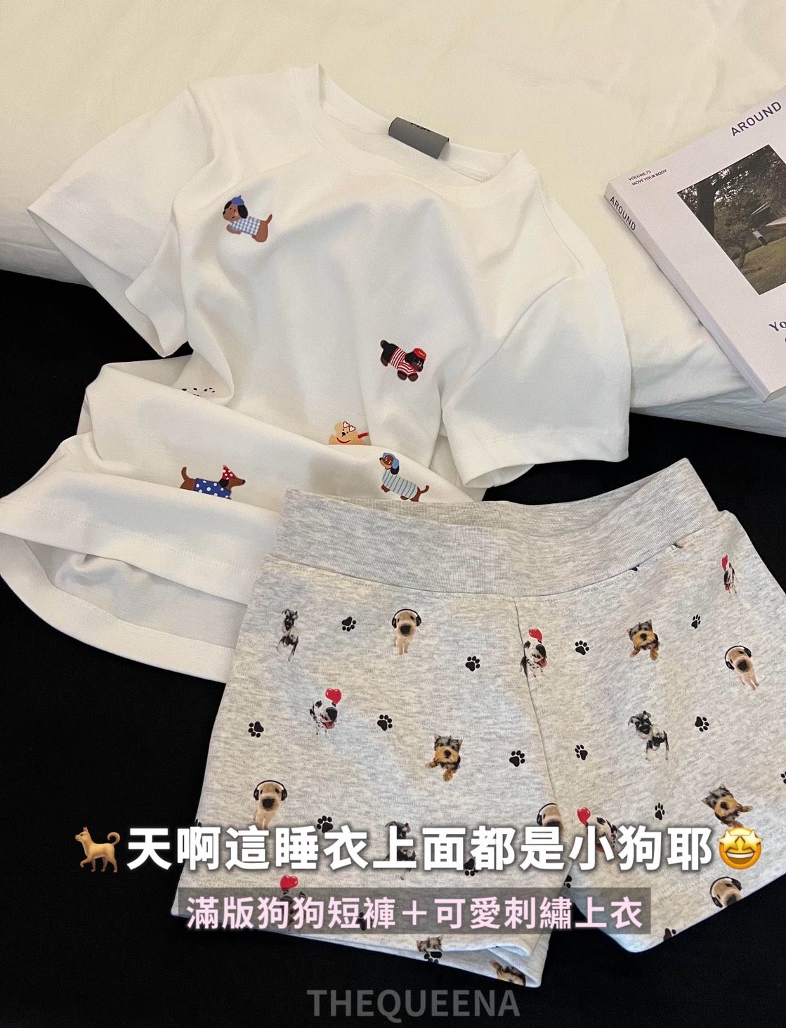韓系小狗刺繡睡衣套裝 滿版臘腸狗 上衣+褲子
