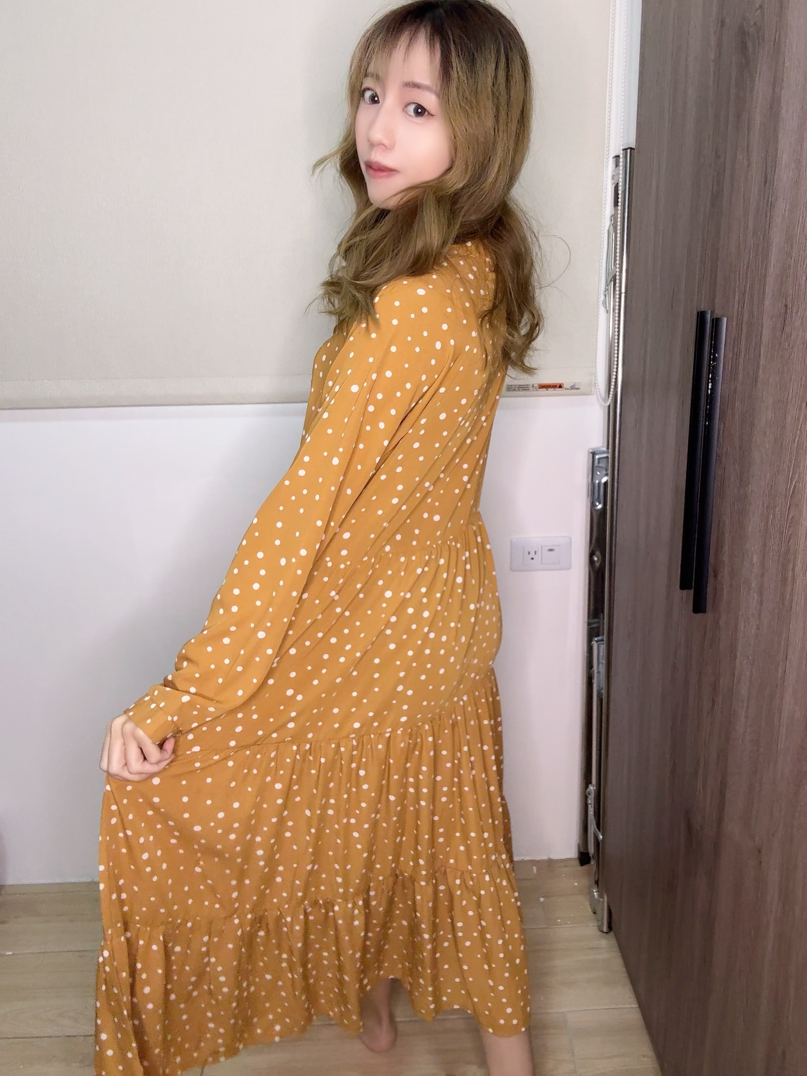 點點長袖綁帶洋裝