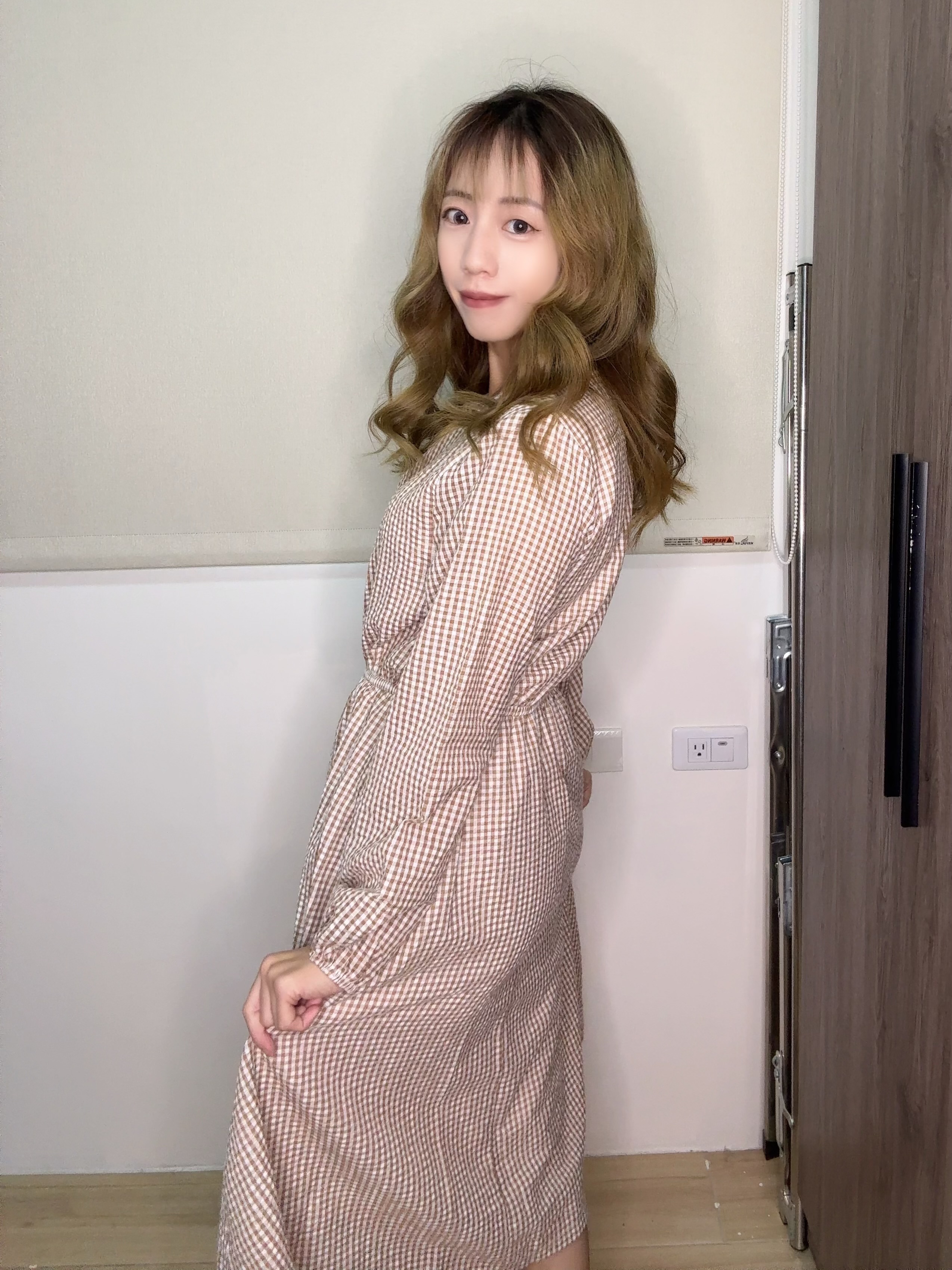 細格紋長袖綁帶洋裝