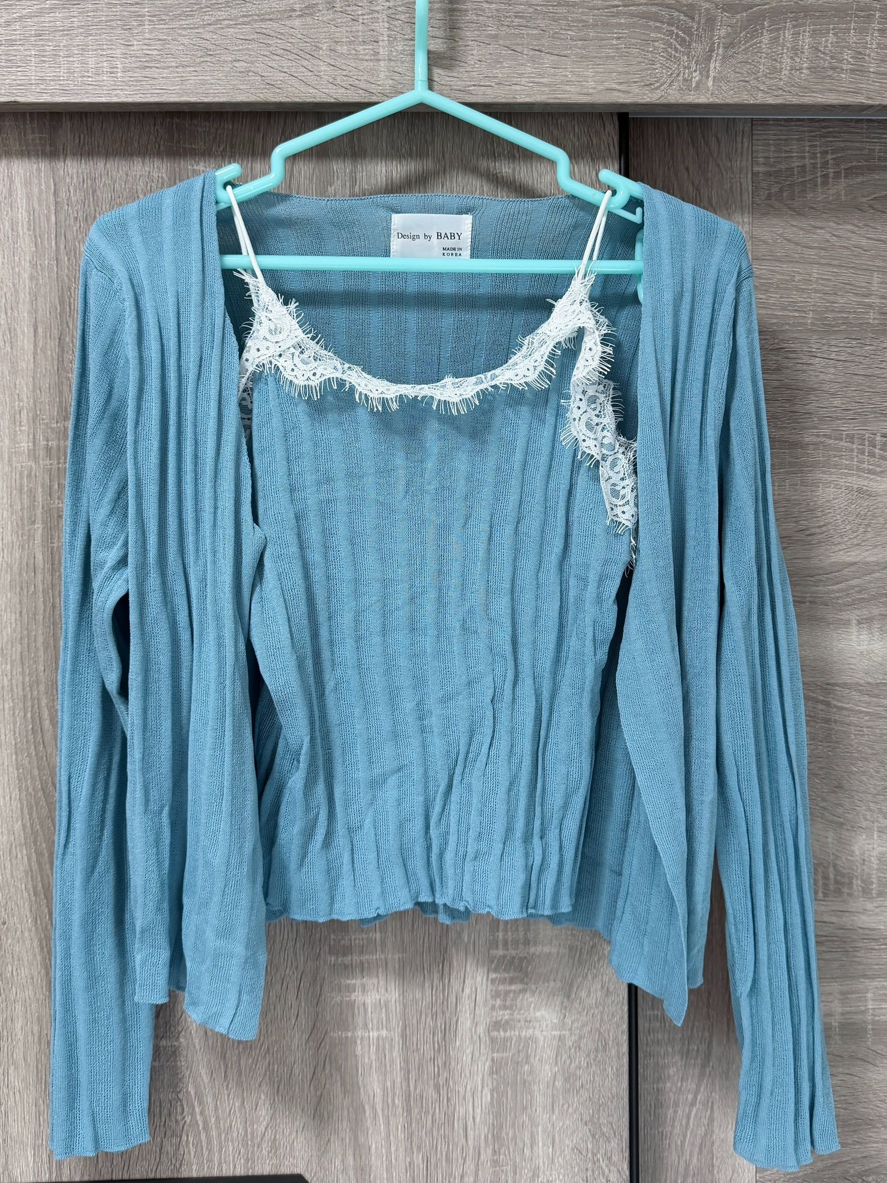 私物-全新-韓貨-水藍針織睫毛蕾絲SET（背心+外套）