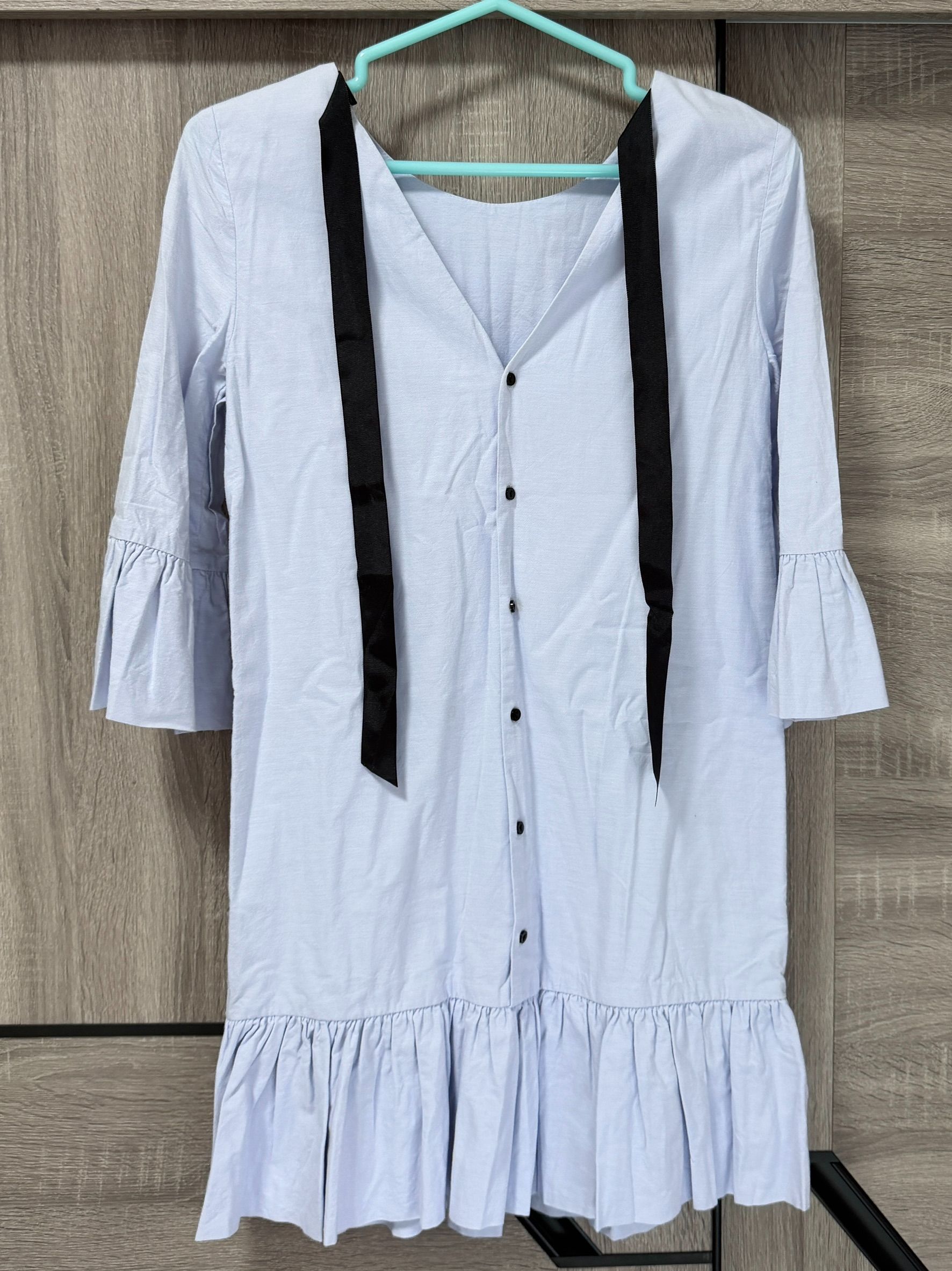 私物-二手-ZARA-牛津布正反兩穿七分袖綁帶洋裝（藍）