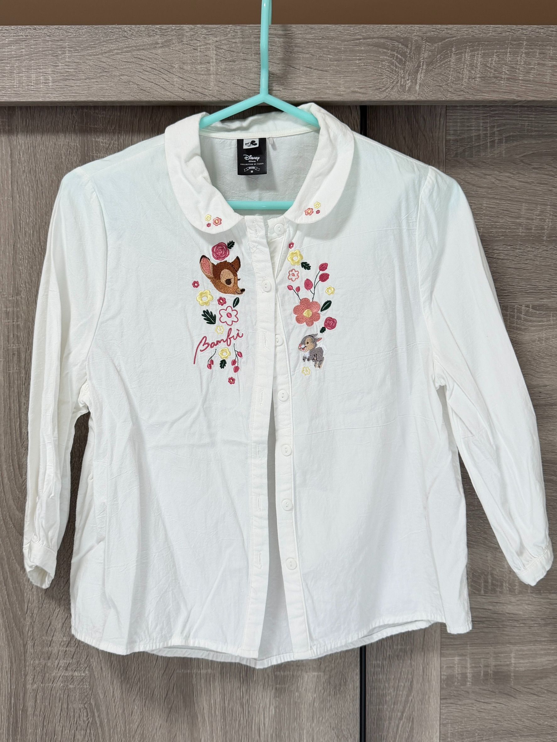 私物-二手-PAZZO-小鹿斑比聯名刺繡七分袖白襯衫