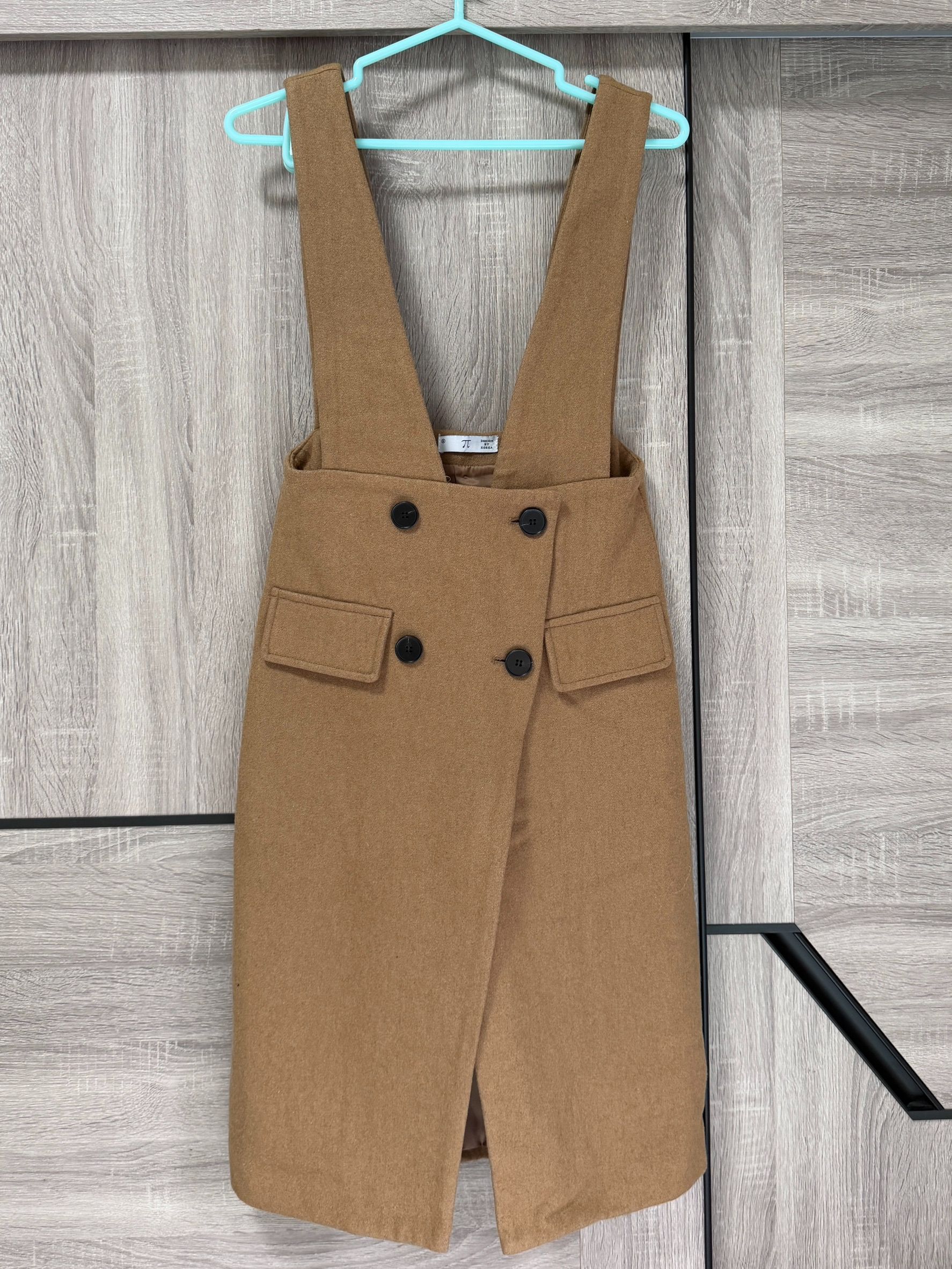 私物-二手-毛料假口袋設計吊帶背心長裙（咖）