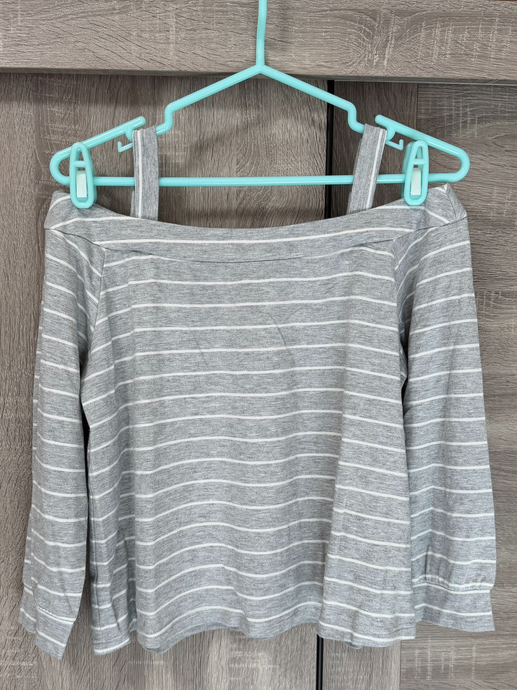 私物-二手-MAJESTIC LEGON-灰色露肩後綁帶條紋七分袖上衣