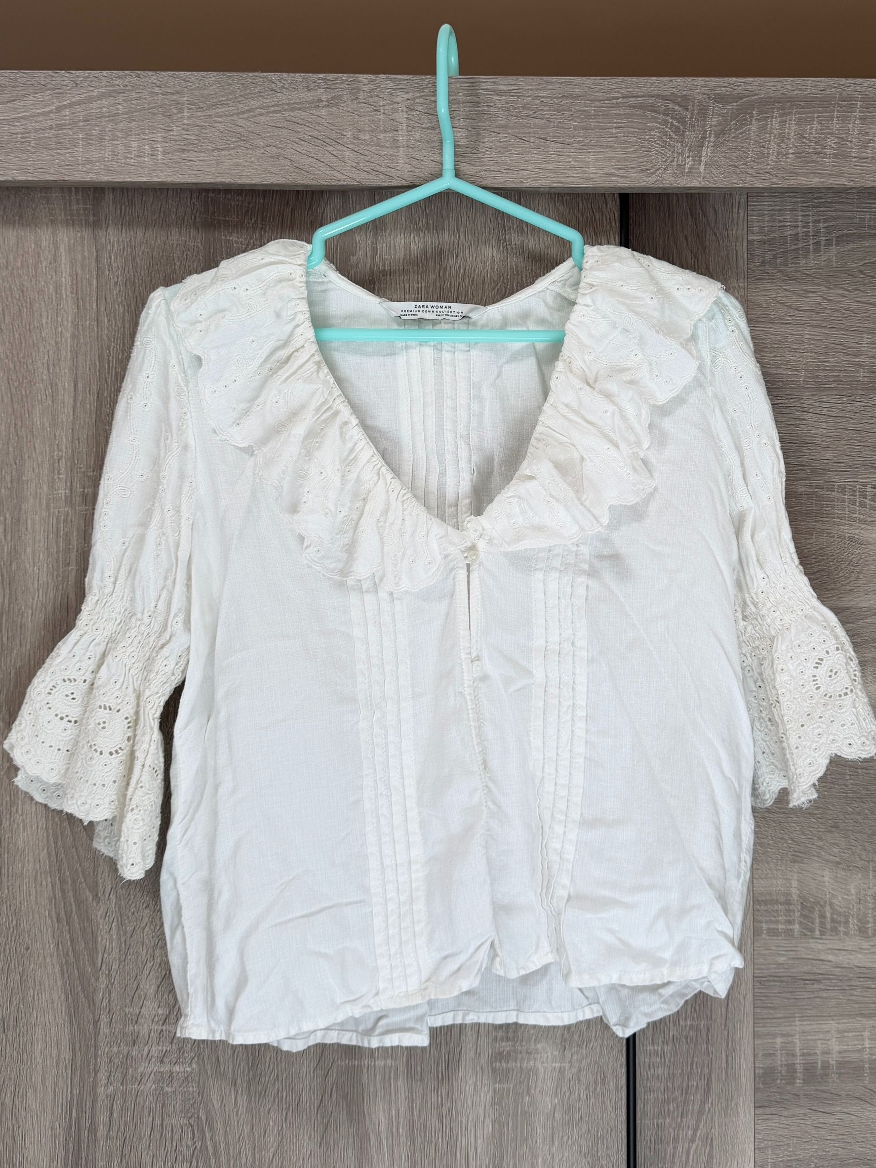 私物-二手-ZARA-白色度假風棉麻蕾絲刺繡七分袖罩衫