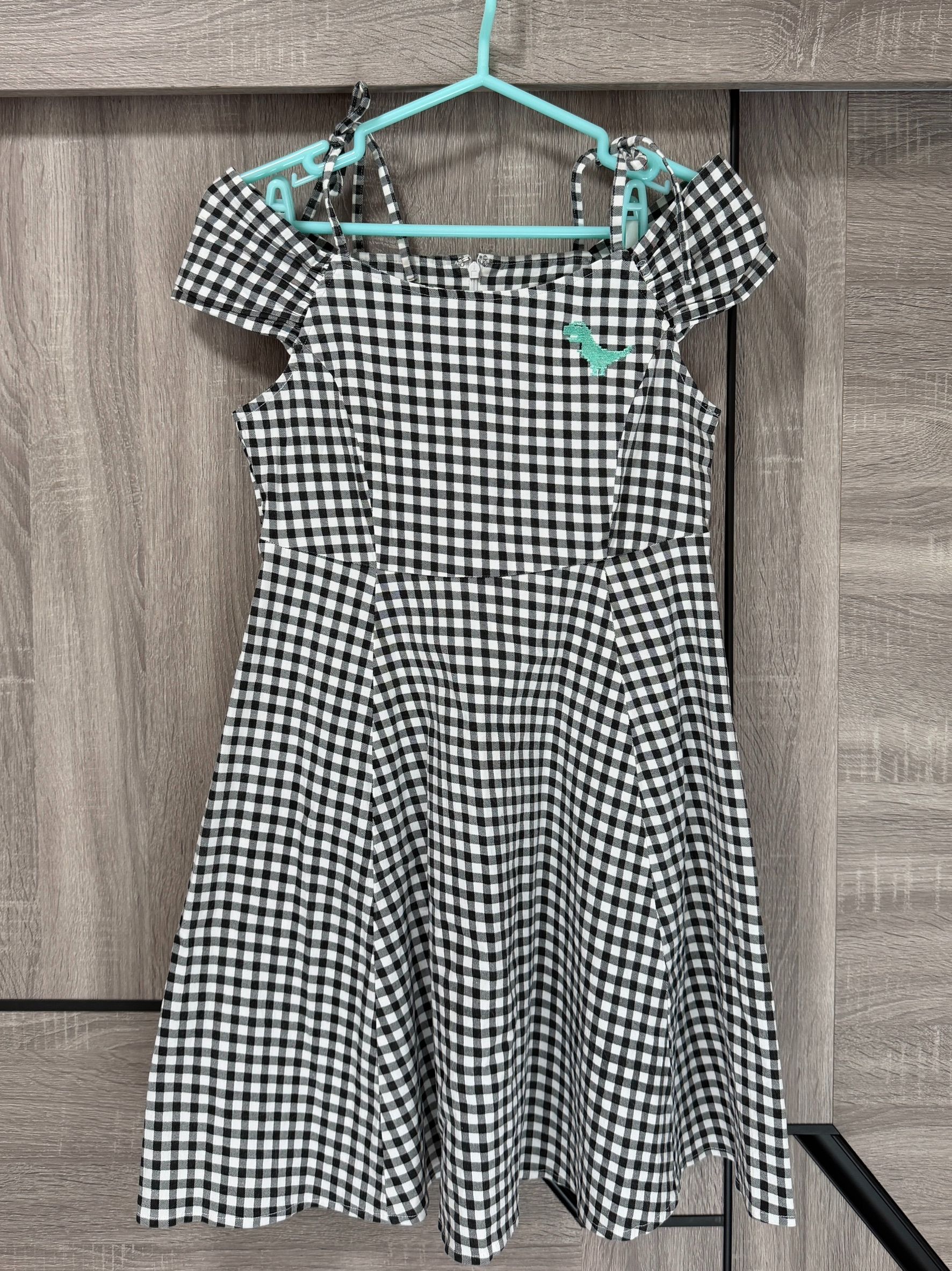 私物-二手-maru.a-黑白格紋露肩綁帶小恐龍刺繡短洋裝