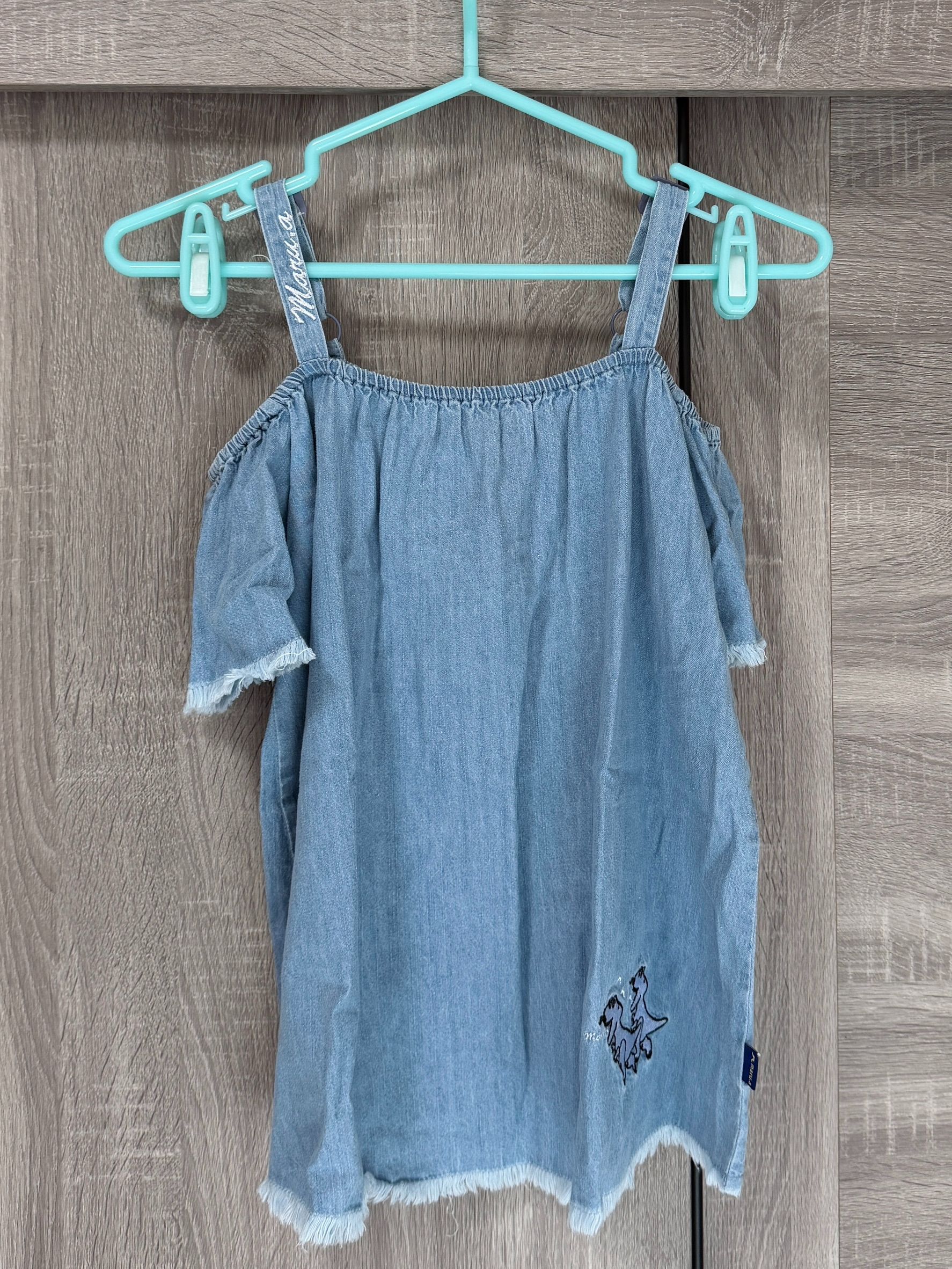 私物-二手-maru.a-牛仔抽鬚露肩小恐龍刺繡傘型上衣