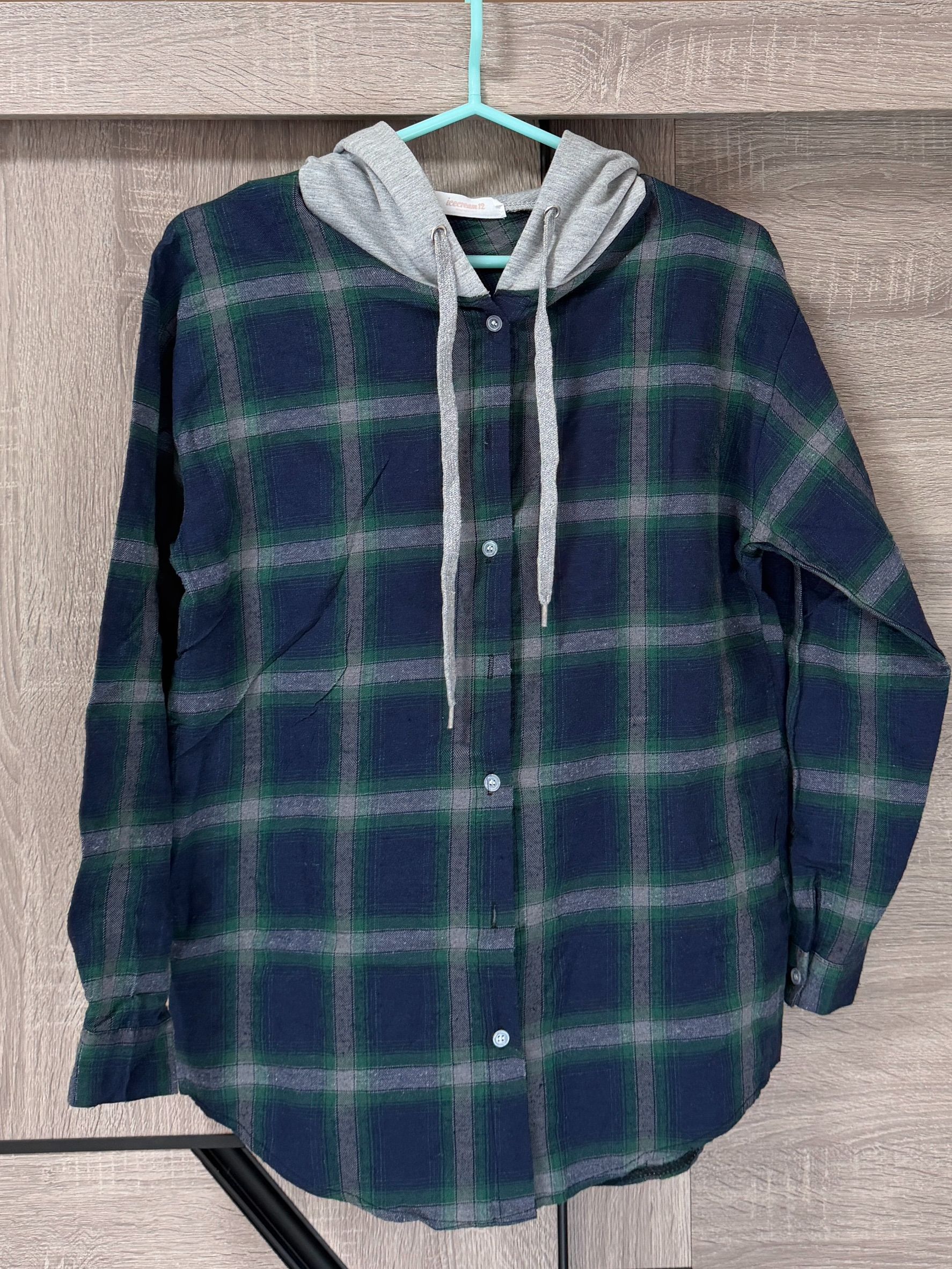 私物-二手-icecream12-綠藍灰格紋連帽襯衫