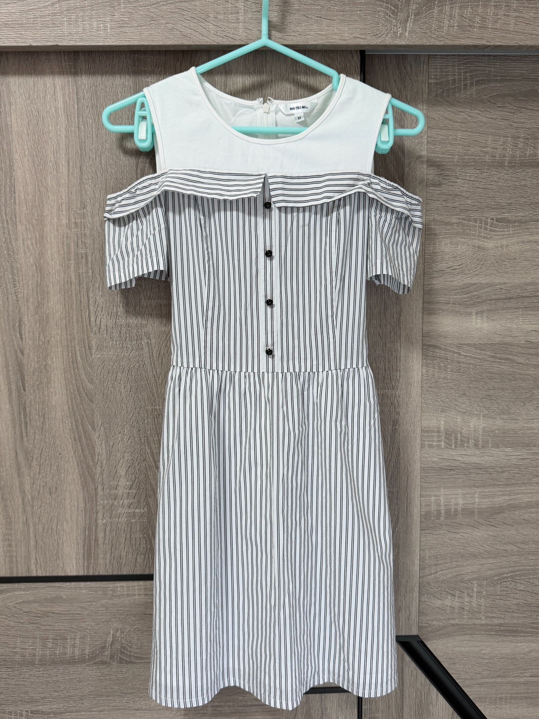 私物-二手-MA.TUS MI-黑白條紋露肩拼接綁帶洋裝