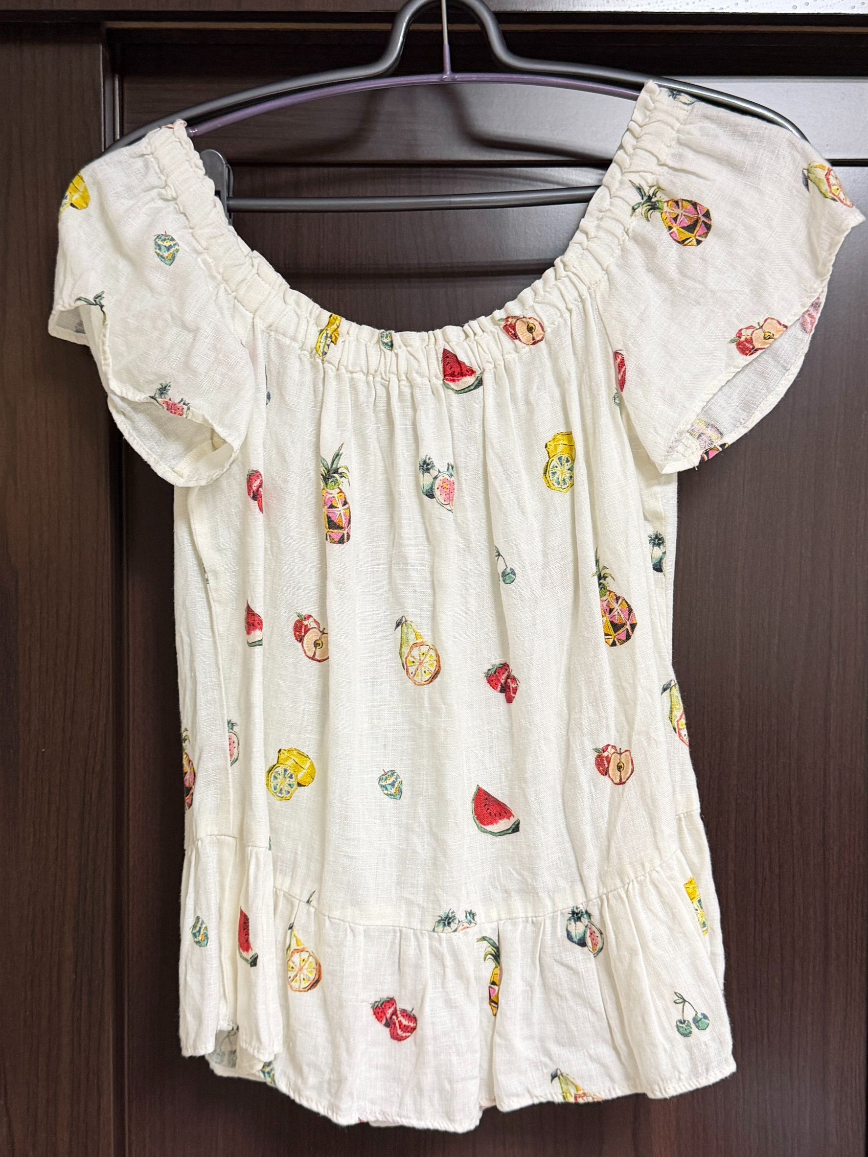 私物-二手-ZARA-棉麻手繪水果一字領白上衣