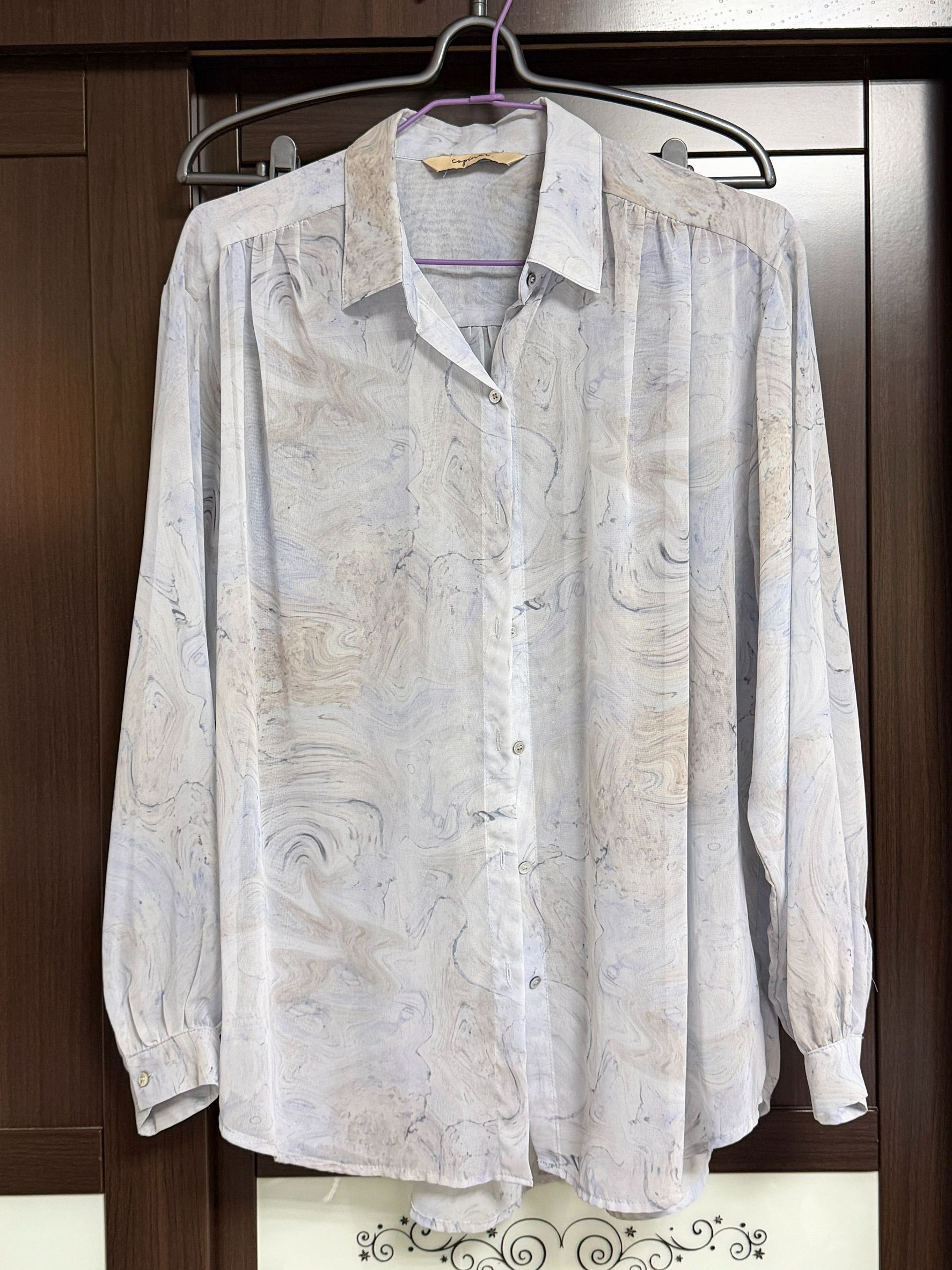 私物-二手-韓貨-藍灰色水墨感暈染雪紡襯衫