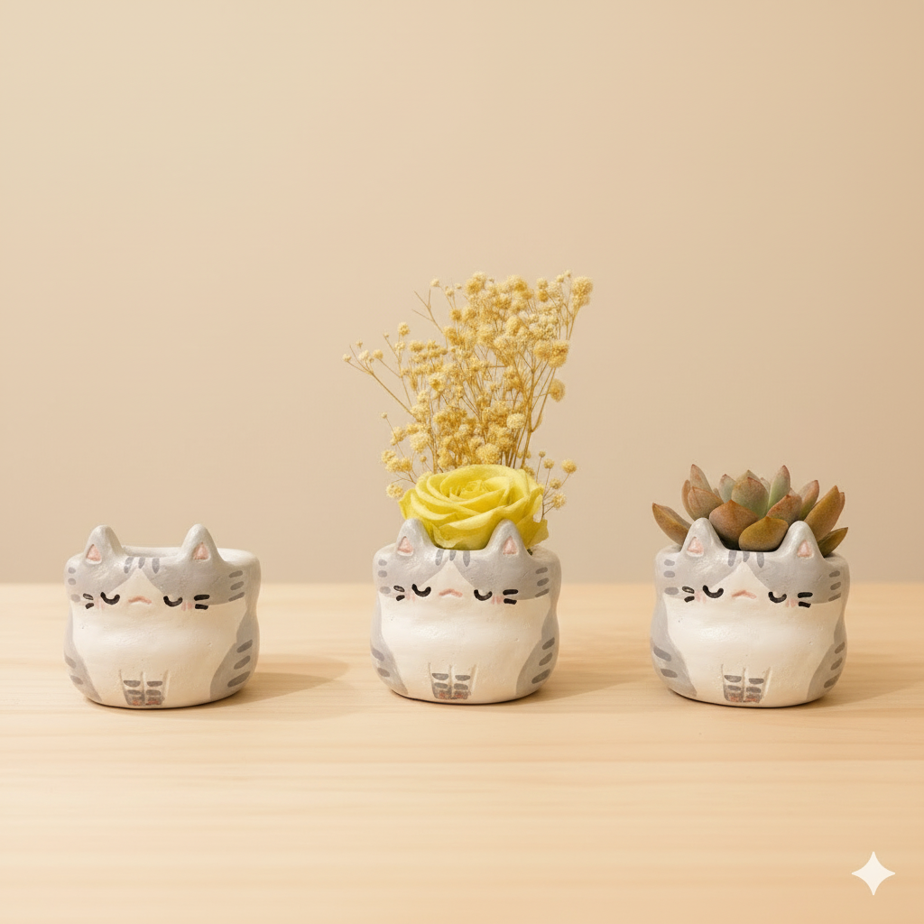 灰虎斑泥喵 盆器 擴香盆