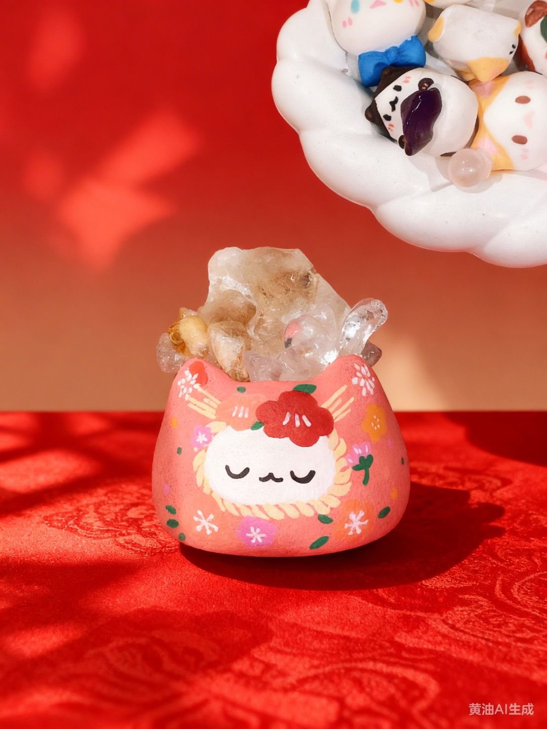 😺和風新春開運黃水晶達摩喵🔮 可當擴香石